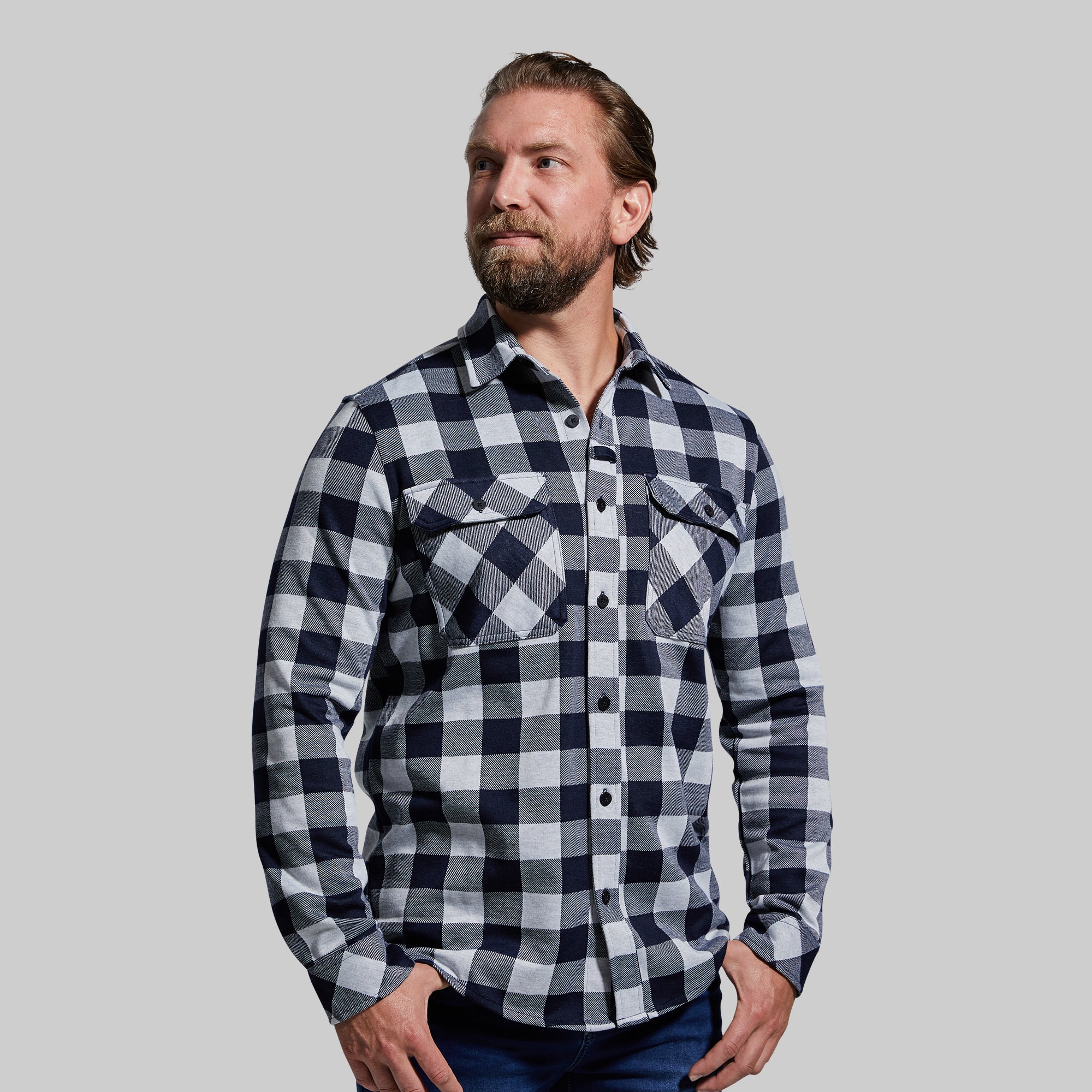 Premium Stretchy Flannel Shirt for Men - Comfortable & Durable Woodsman Plaid (Navy/White) - Perfect for Outdoor Adventures, Camping & Casual Wear
