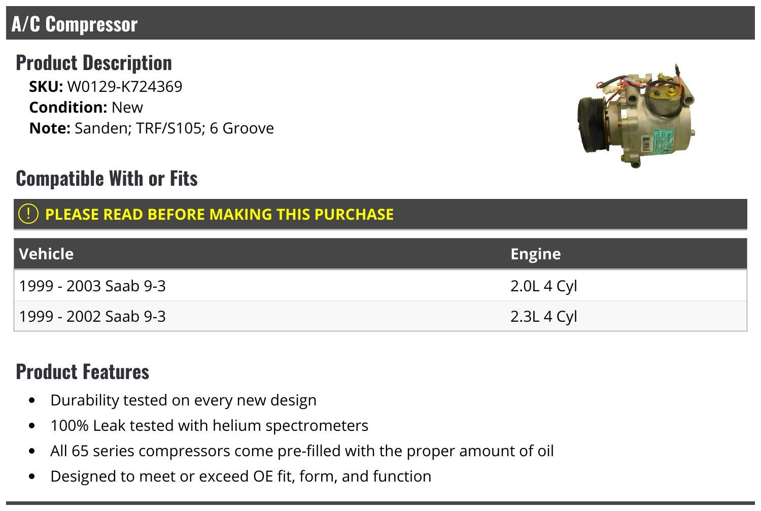 AC Compressor for 1999-2003 Saab 9-3 - High Performance Auto Air Conditioning Replacement Part - Perfect for Summer Driving & Road Trips