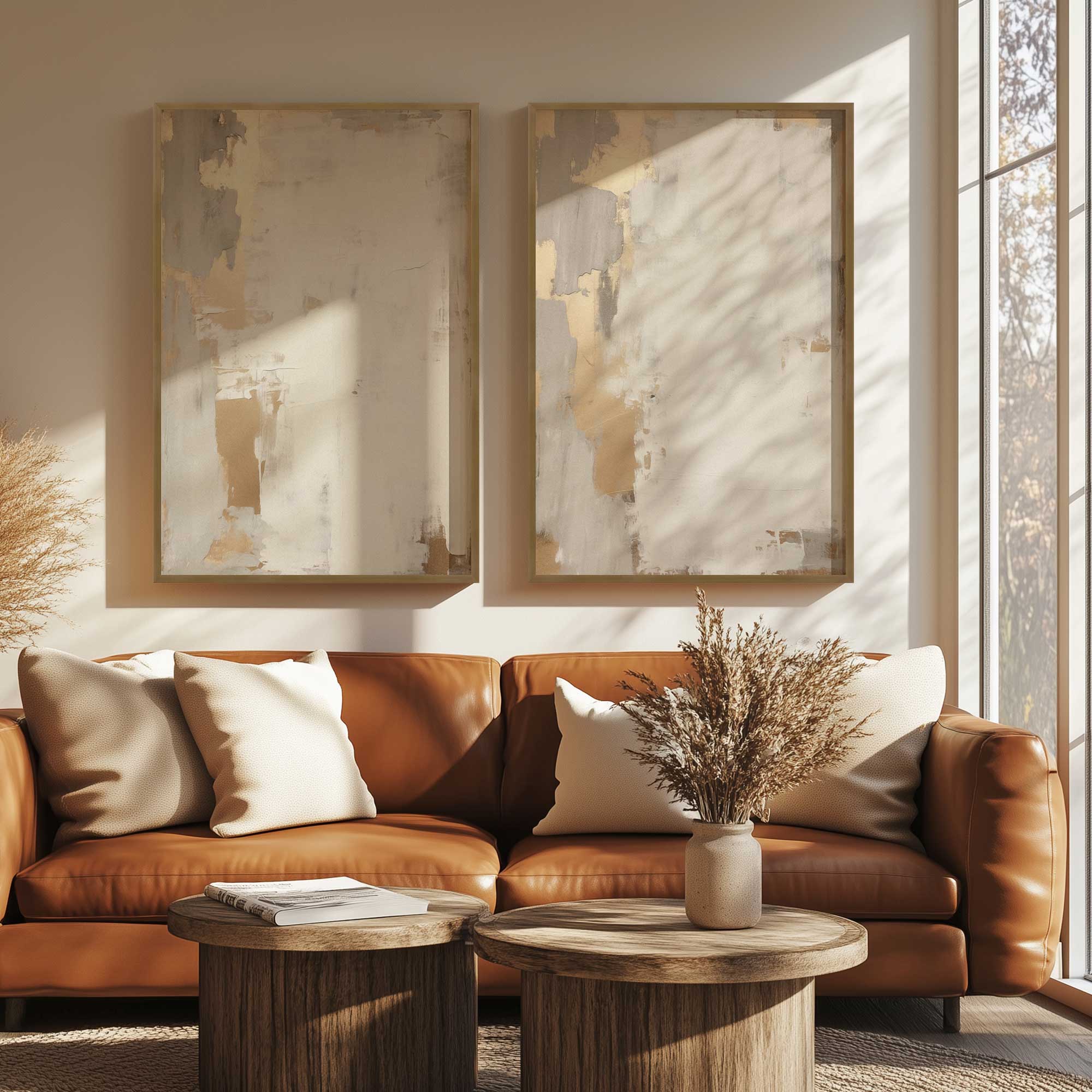 Golden Haze Wall Art - Set of 2 Modern Abstract Prints for Living Room & Bedroom Decor | Framed Canvas Artwork for Home & Office