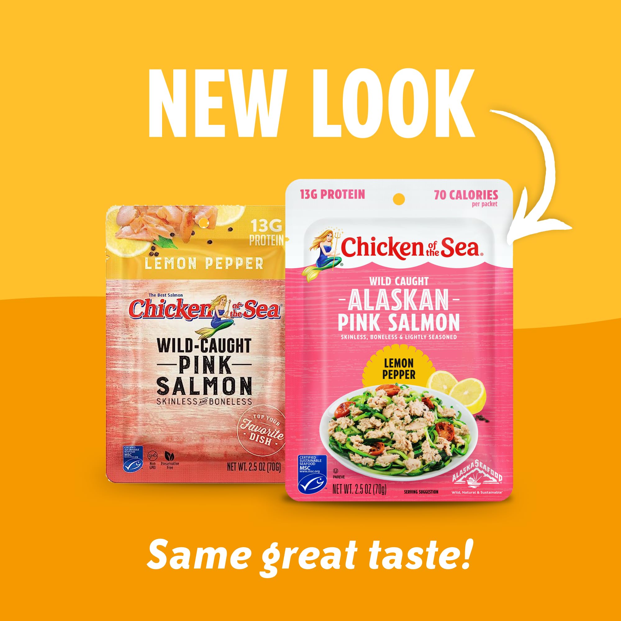 Wild Caught Alaskan Pink Salmon Packets - Chicken of the Sea, 2.5oz (Box of 12), Lemon Pepper Flavor - Perfect for Camping, Salads & Quick Meals