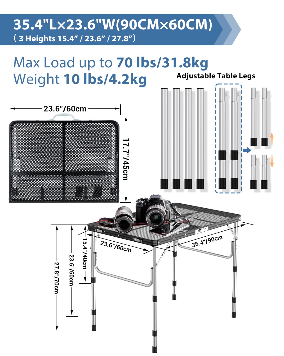 **Sportneer Adjustable Height Folding Camping Table - Lightweight Aluminum Portable Grill Table with 2 Hooks for Outdoor, BBQ, Picnic, RV & Backpacking - Perfect for Cooking, Tailgating & Beach Trips (Black)**