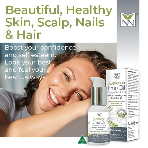 100% Pure Pharmaceutical Grade Emu Oil with Lemongrass Essential Oil - 60ml Bottle for Skin Care, Hair Growth & Pain Relief - Natural Moisturizer for Dry Skin, Eczema & Joint Pain