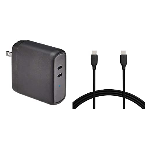 Amazon Basics 68W Two-Port GaN USB-C Fast Charger (50W + 18W) - PD Charger for MacBook, iPad, iPhone, Samsung Galaxy - Includes 10ft USB-C Cable - Compact & Powerful Charging Solution for Home, Office & Travel - Black