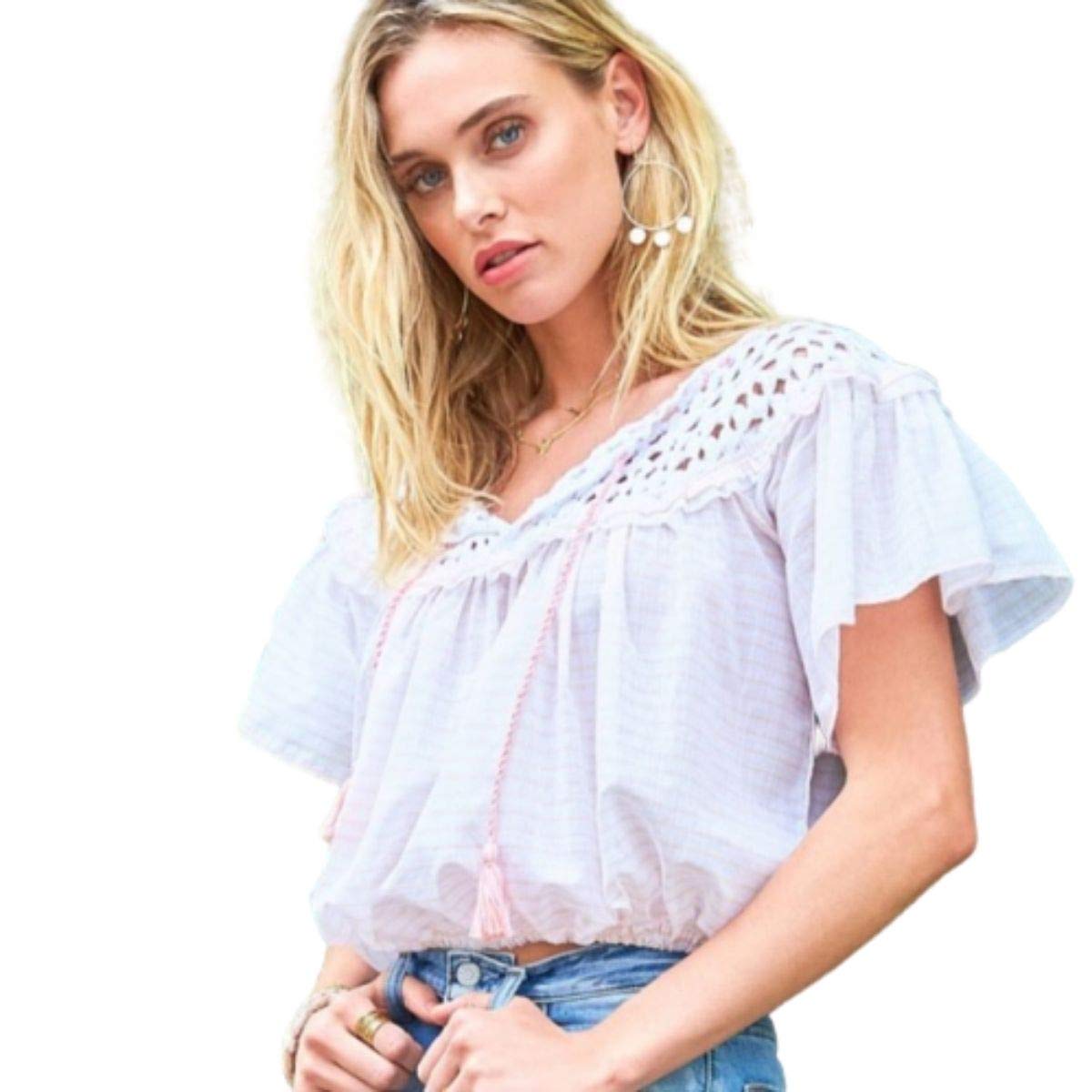 Free People Women's Allora Crochet Short Sleeve Blouse | Boho Chic Summer Top | Perfect for Beach, Music Festivals & Casual Outings