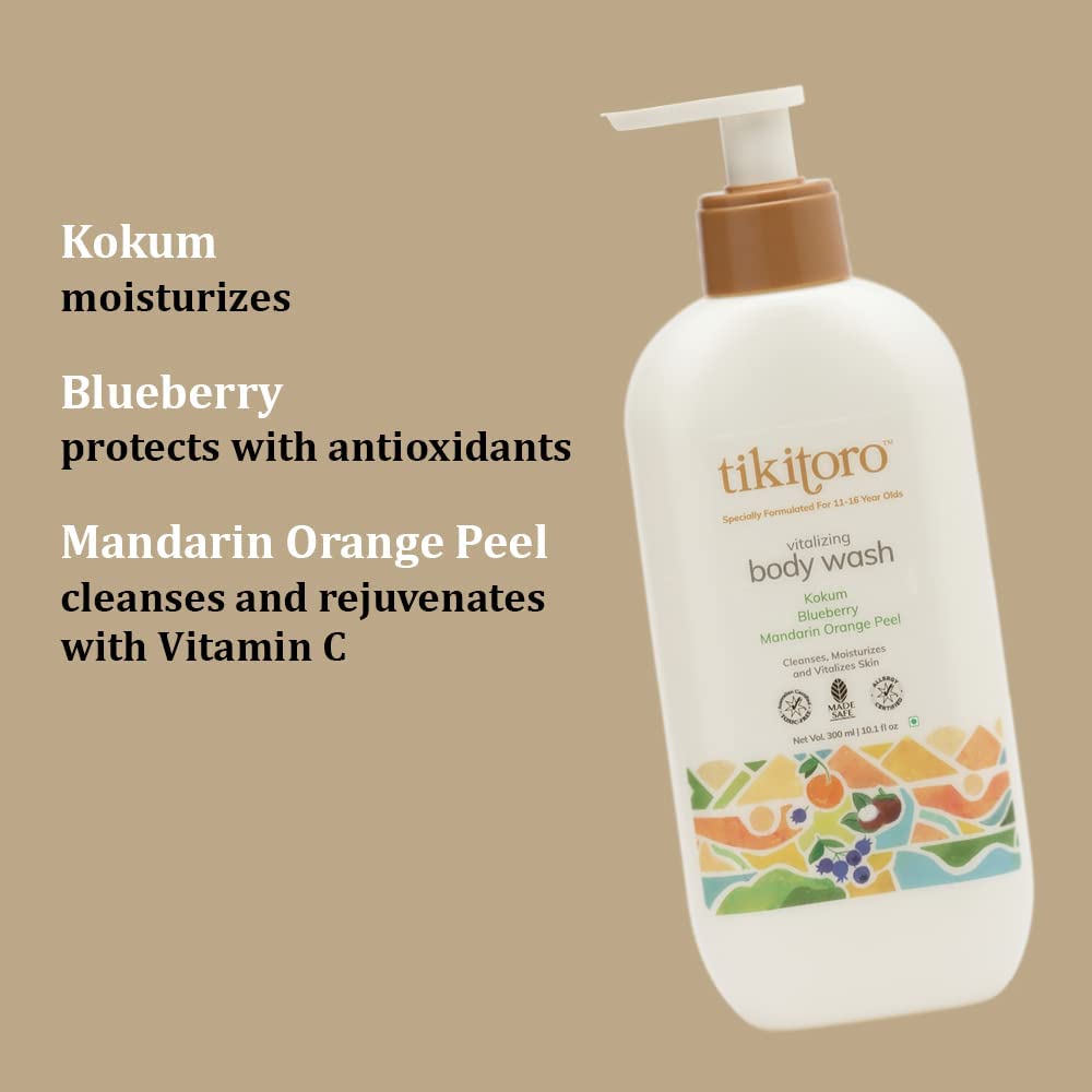 Teens Vitalizing Body Wash - 100% Vegan with Kokum, Blueberry & Mandarin Orange Peel | Gentle Cleansing, Hydration & Nourishment | Paraben & Sulfate Free | Mild Formula for Ages 11+ (300ml) | Perfect for Daily Shower & Sensitive Skin Care