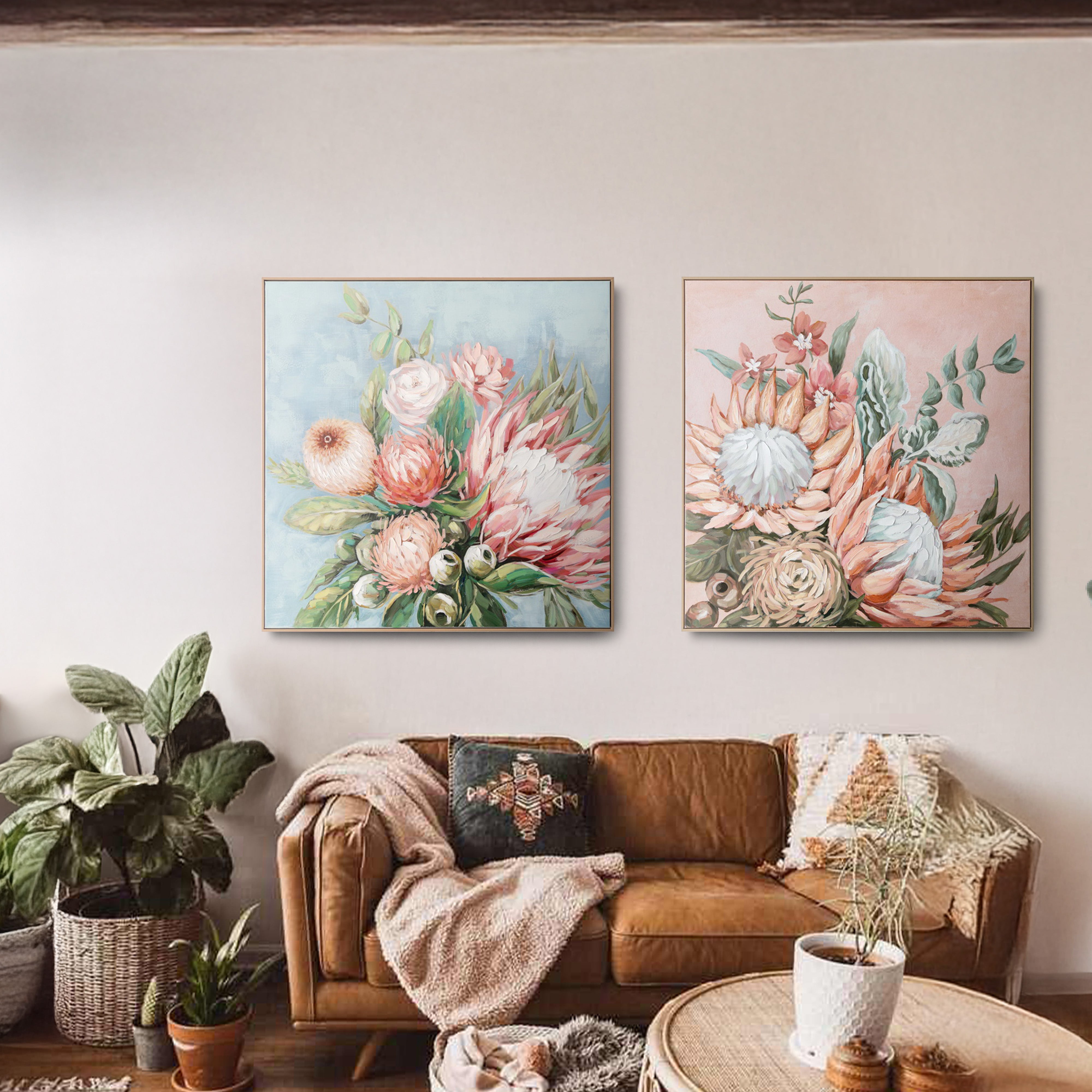 Urban Style Brushmarks Embellished Canvas Protea Pink Wall Art - Perfect for Living Room, Bedroom & Office Decor