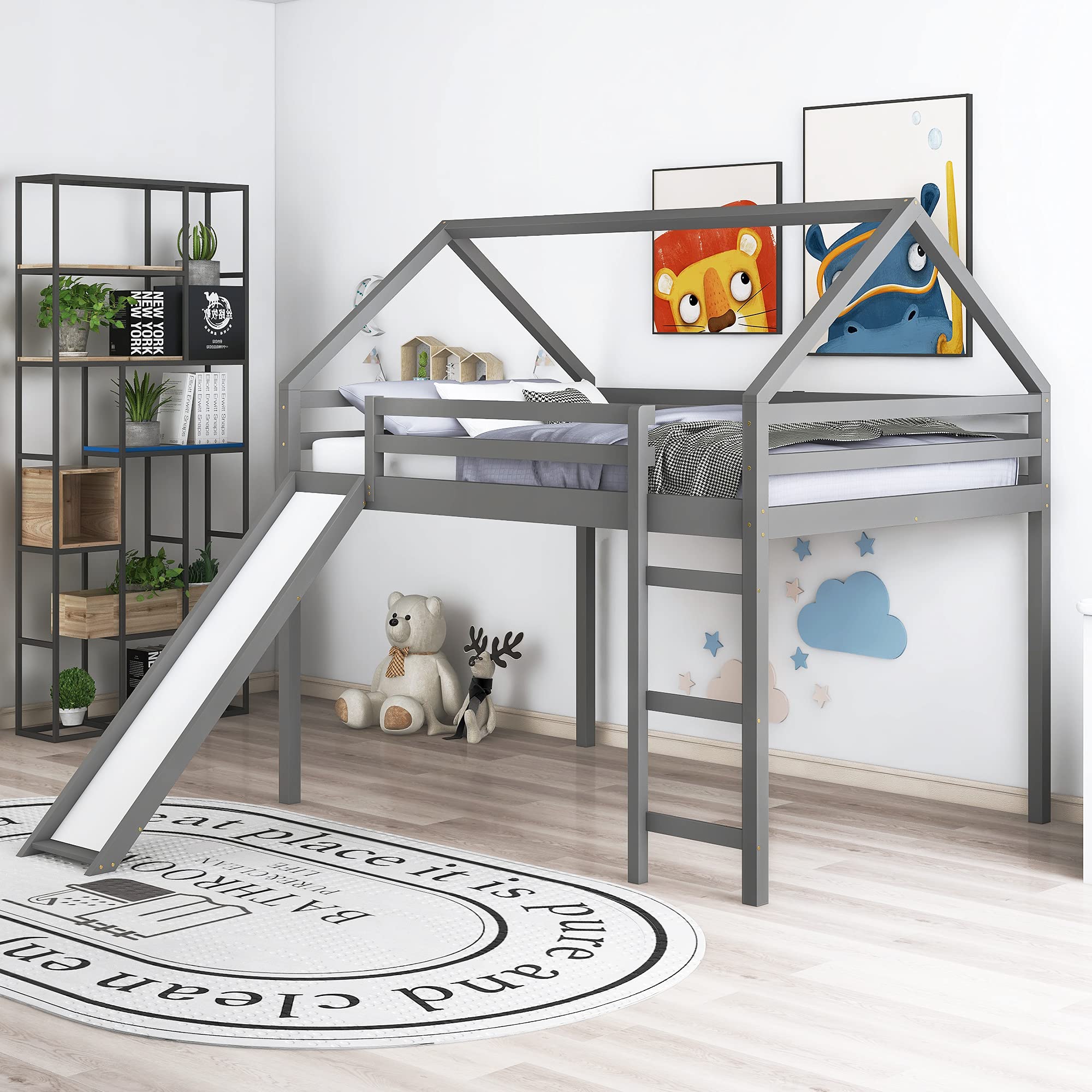 Full Size Loft Bed with Slide and Ladder - Wooden House Bed for Kids & Teens (Grey) - No Box Spring Needed - Perfect for Small Rooms & Fun Bedtime Adventures