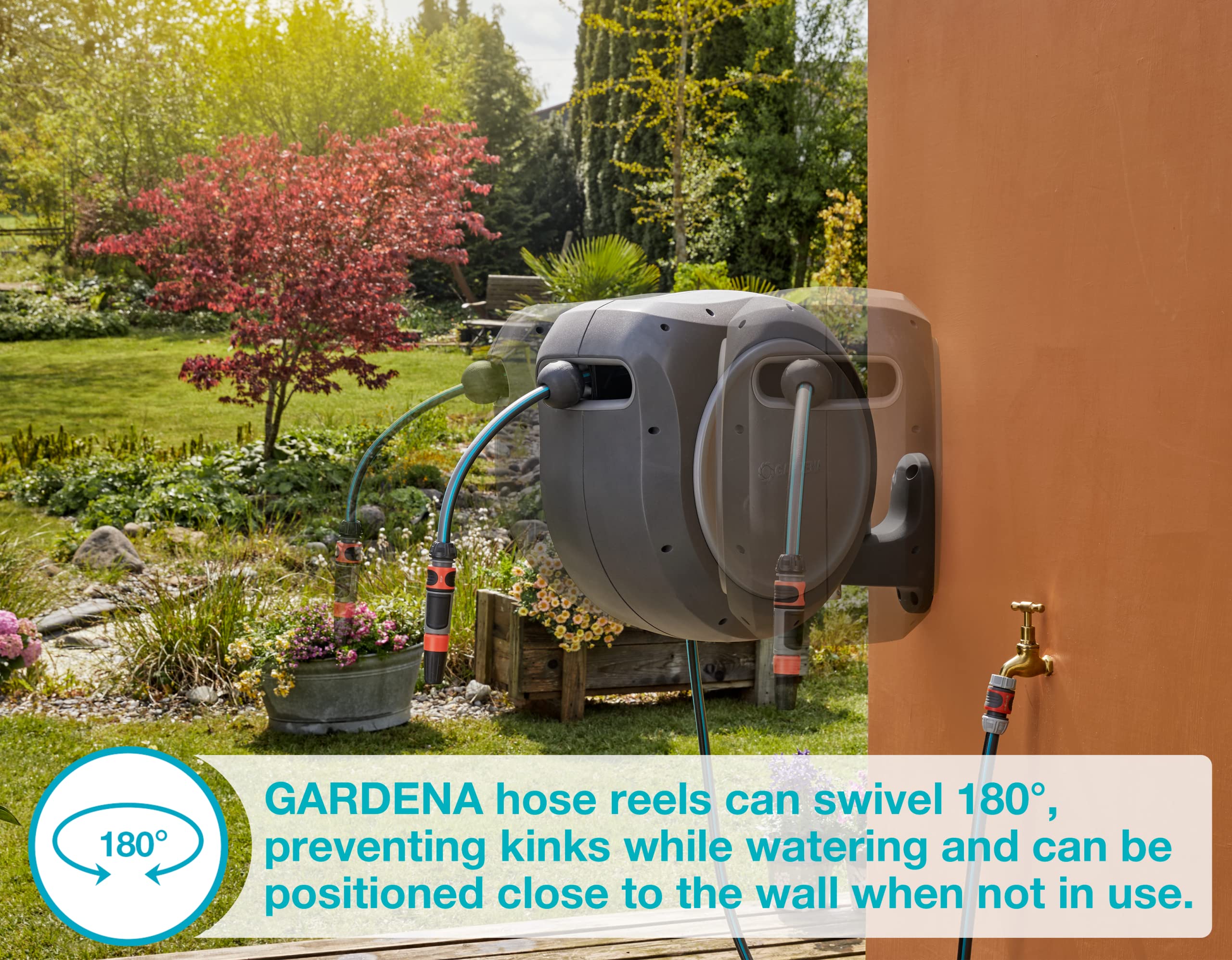 GARDENA 08055 100-Foot Retractable Garden Hose Reel with 1/2