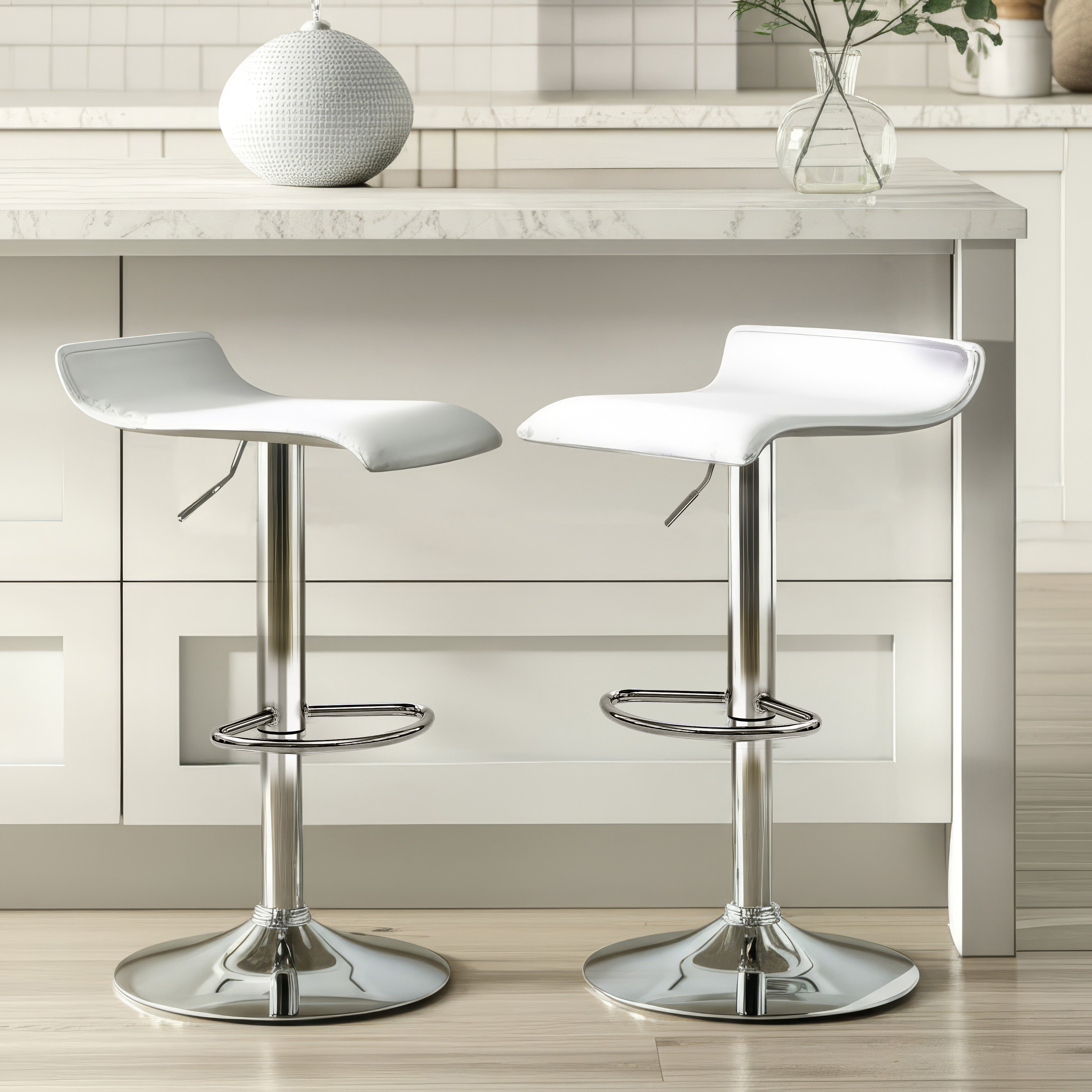 Urban Style Craig Bar Stools - Adjustable Height Gas Lift Barstools with Chrome Base & White PU Seat (Set of 2) - Perfect for Kitchen Island, Home Bar & Dining Counter