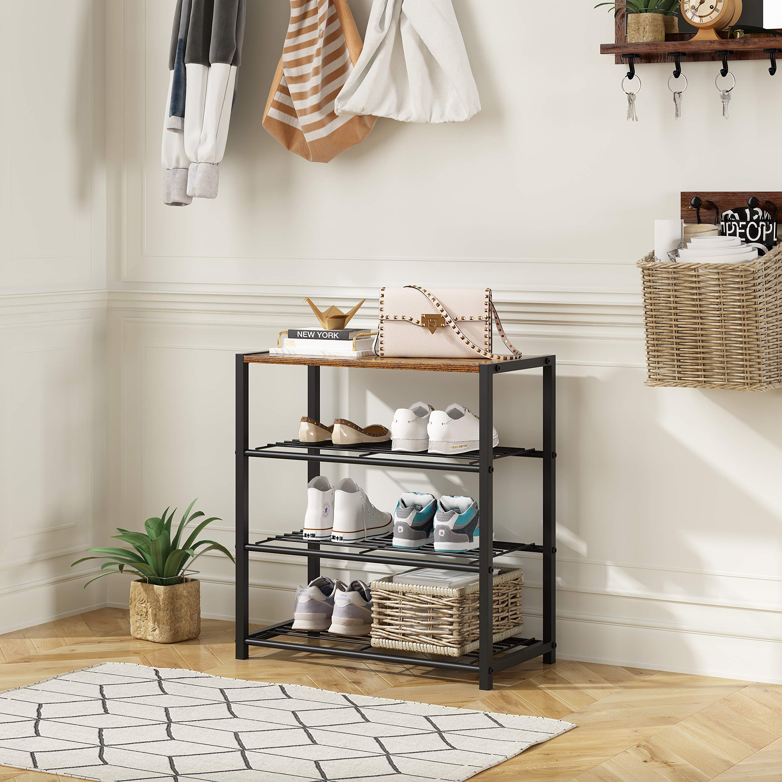 4-Tier Industrial Shoe Rack Organizer - Narrow Sturdy Metal Shoe Storage Shelf for Closet & Entryway - Rustic Brown Shoe Shelf for Boots, Sneakers & Home Organization (Perfect for Small Spaces & Apartment Living)