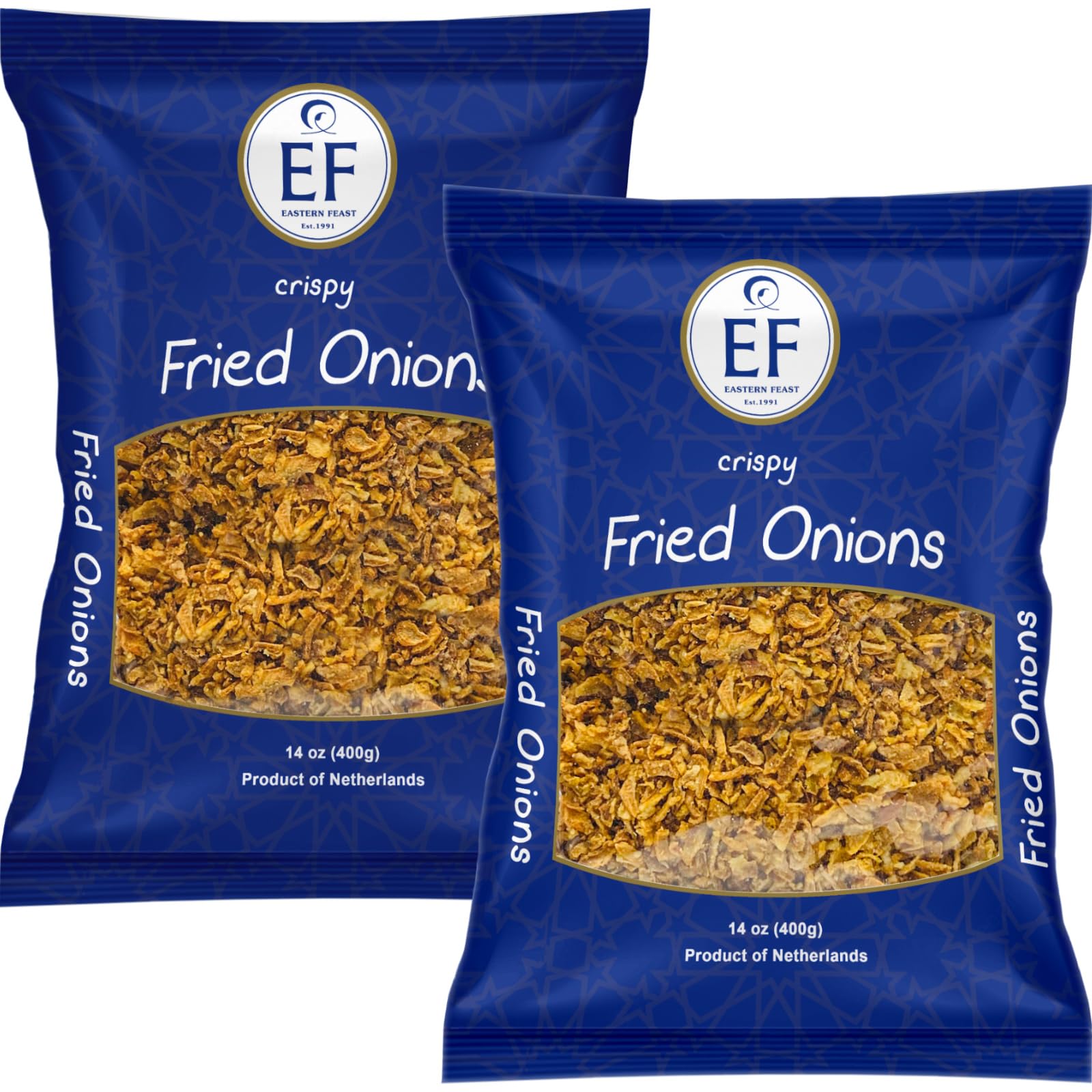EF - Crispy Fried Onions (2 Pack) 14 oz Each - Kosher & Halal Certified - Made in Netherlands - Perfect for Salads, Burgers, and Casseroles