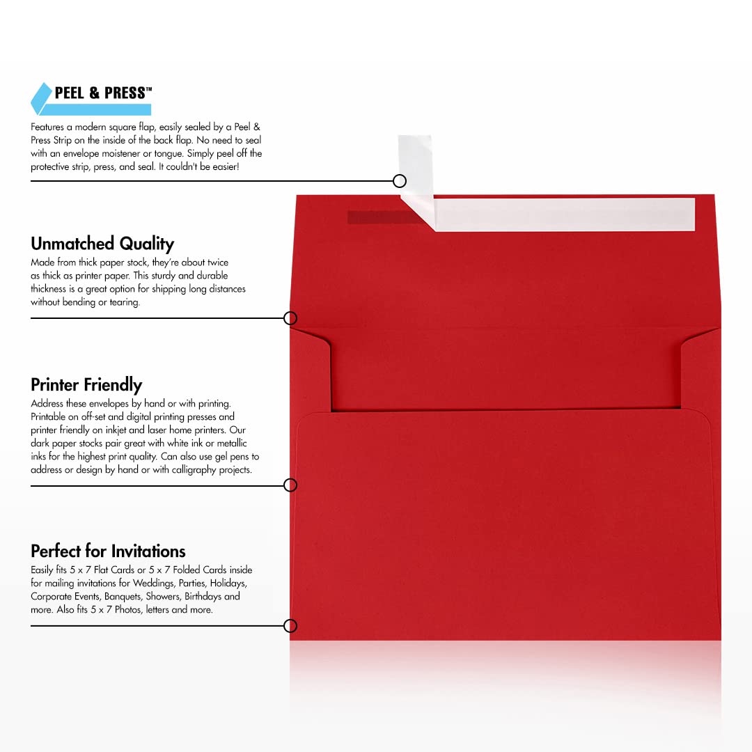 LUXPAPER A7 Printable Invitation Envelopes for 5x7 Cards - 80 lb. Ruby Red, Peel & Press Seal, 1000 Pack (5.25