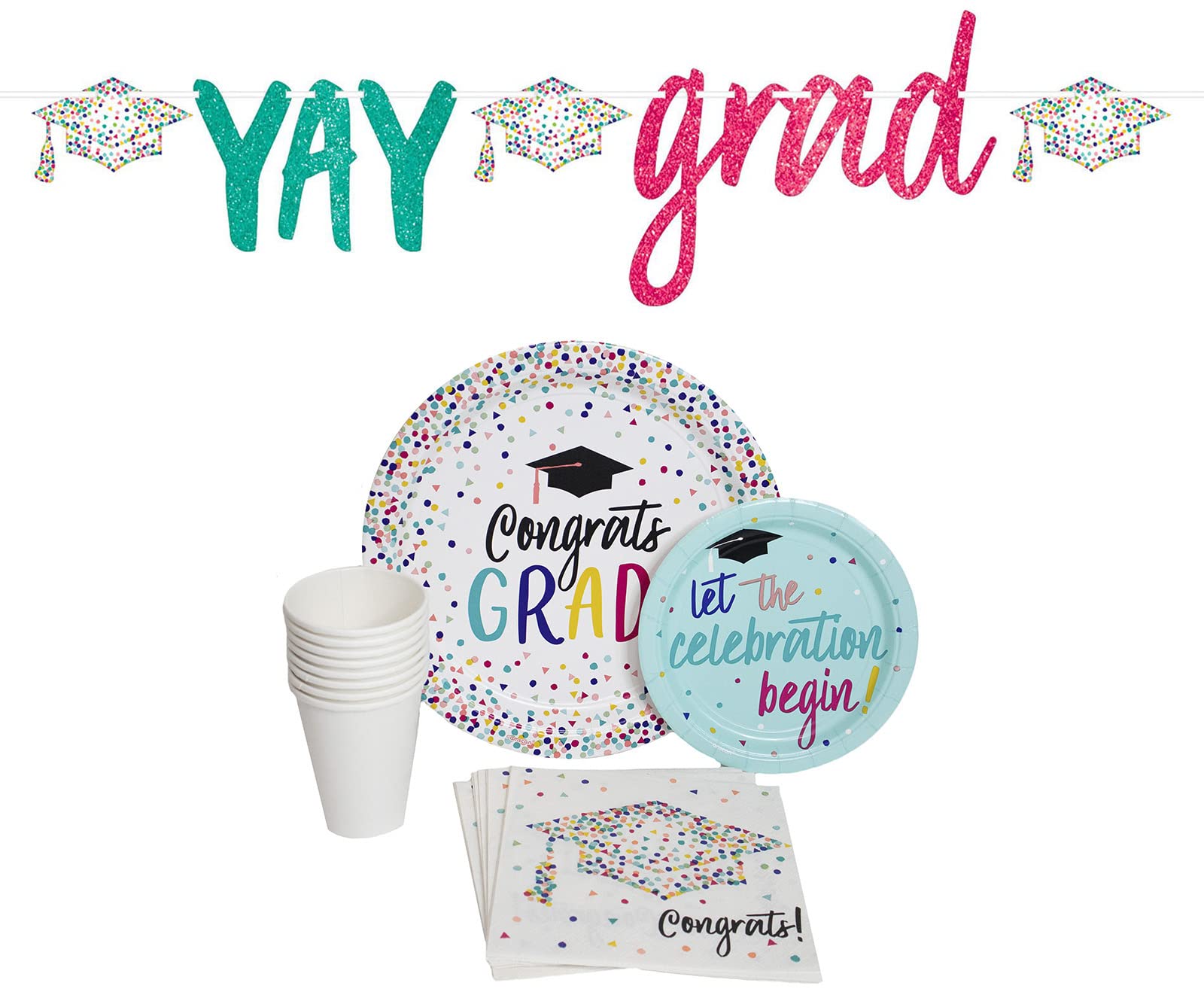 Graduation Party Supplies Set - 16-Pack Disposable Paper Plates, Banner, Napkins & Cups | Congrats Grad Decorations for Graduation Ceremony, Party & Celebration