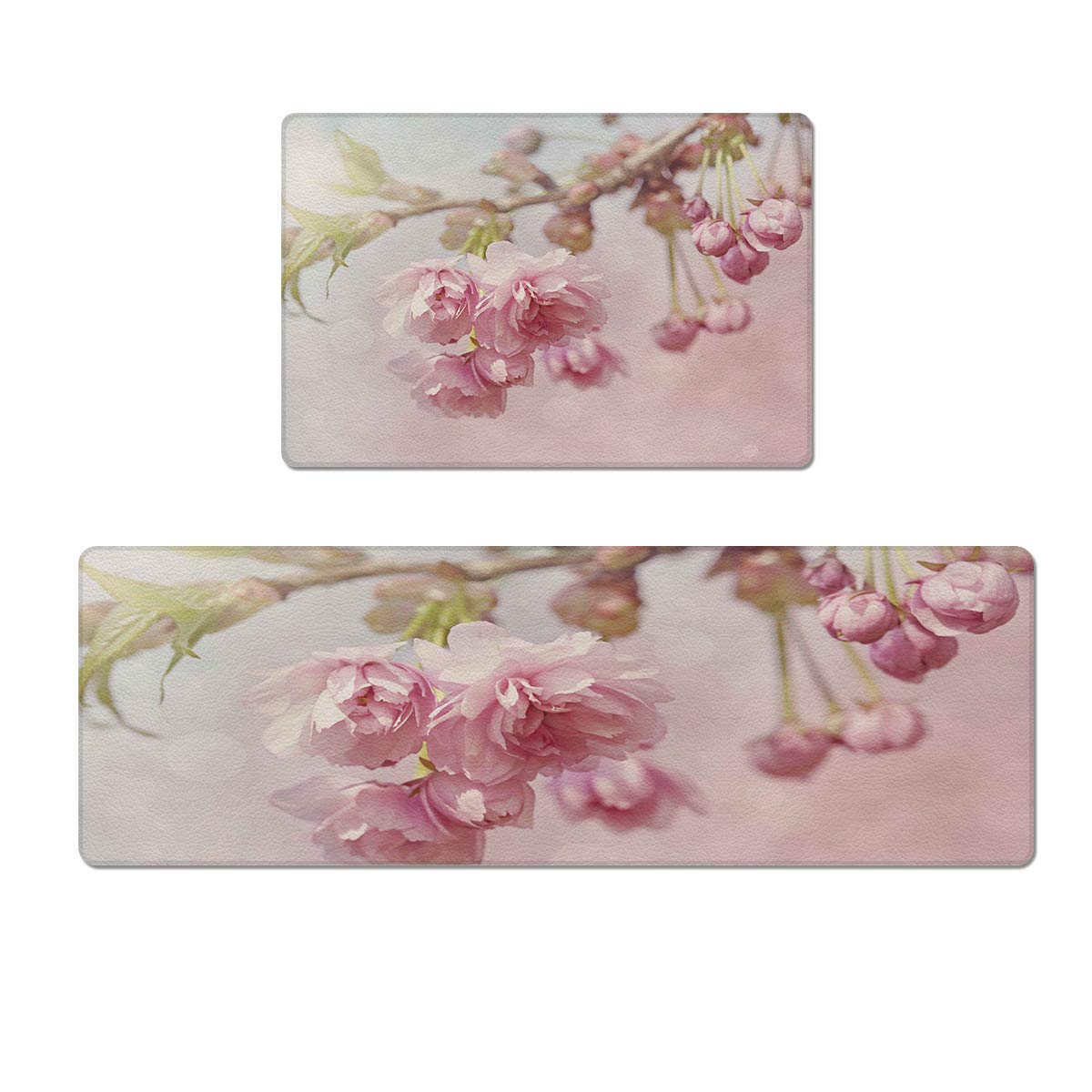 Anti-Fatigue Kitchen Mats Set - Non-Slip Cushioned Floor Rugs for Standing Comfort, Cherry Blossom Design (18