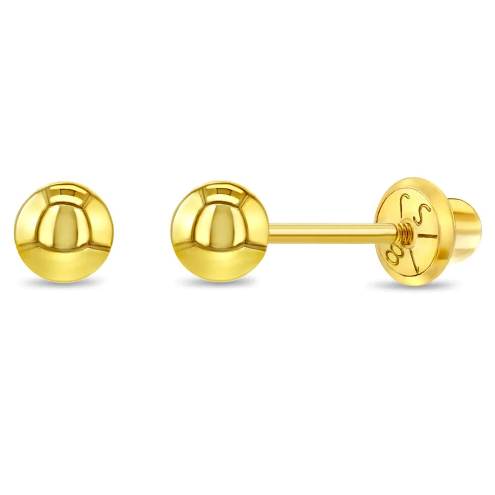 18k Yellow Gold Classic Ball Safety Screw Back Stud Earrings for Babies & Toddlers (3mm-5mm) – Hypoallergenic Baby Girl Earrings for First Piercing, Birthday Gifts & Special Occasions