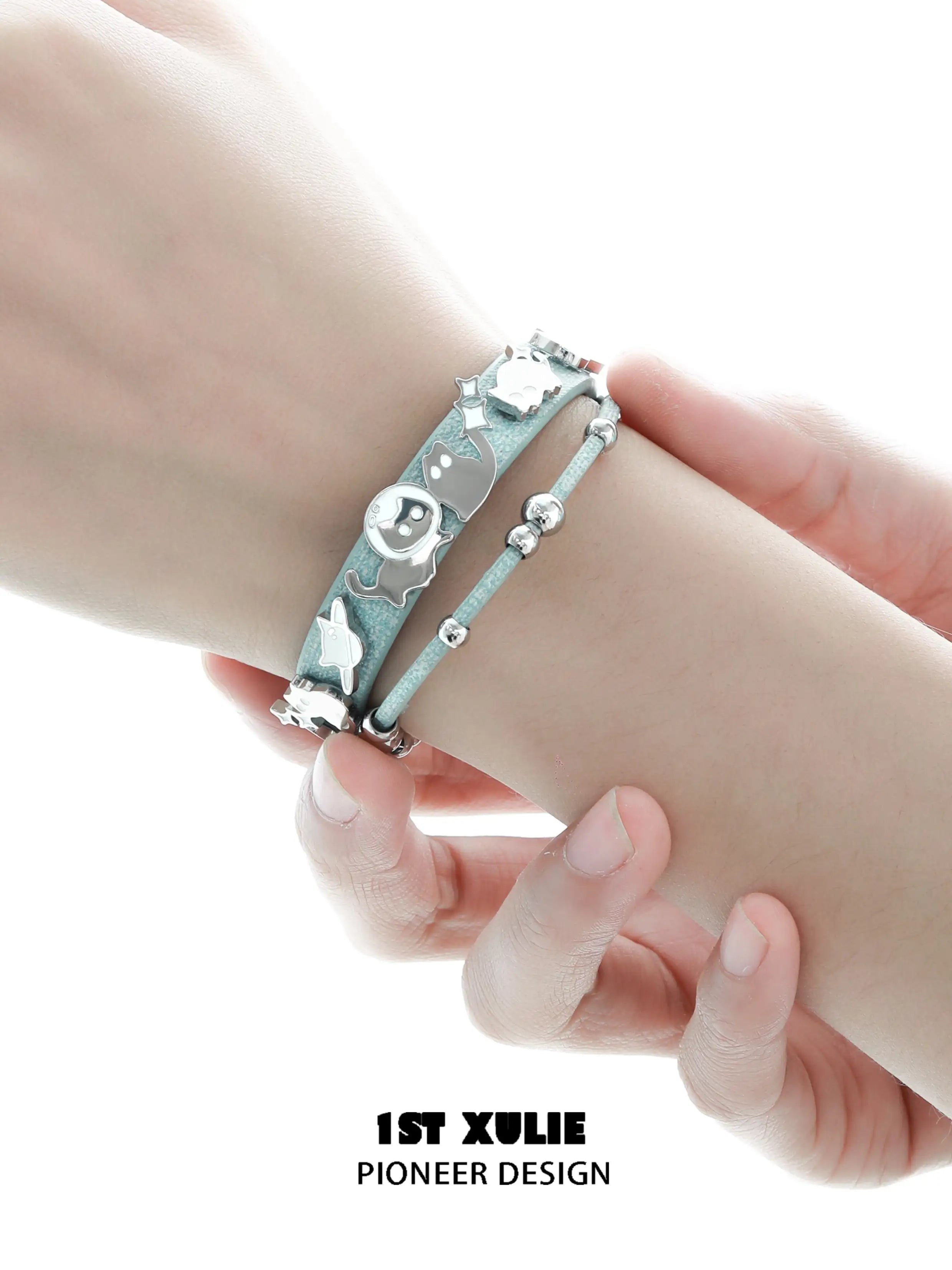 18K Black Gold Plated Leather Bracelet with Ghost & Black Cat Charm - Gothic Jewelry for Women, Perfect for Halloween, Witchy Aesthetic & Dark Fashion Accessories