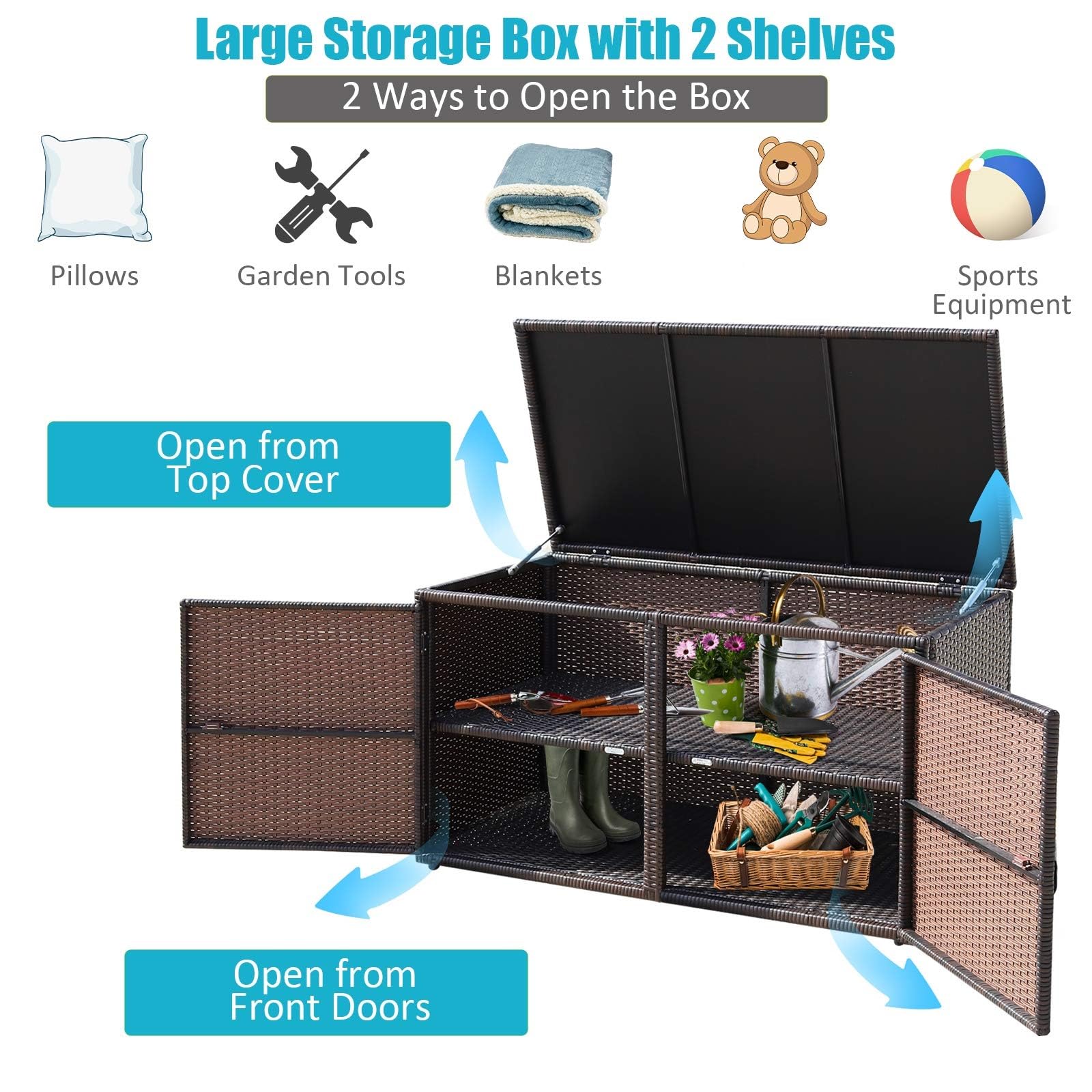 HAPPYGRILL 88 Gallon Outdoor Wicker Storage Box - Rattan Deck Box for Patio Furniture, Garden Tools & Yard Accessories - Weatherproof Storage Solution for Balcony, Porch & Backyard Organization