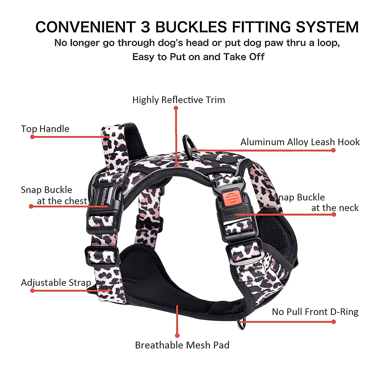Petmolico No Pull Dog Harness Set with Leash - Reflective Adjustable Vest for Small Dogs & Puppies - Easy Control Handle & Poop Bag Holder - Large Leopard Print - Perfect for Walking, Training & Outdoor Adventures