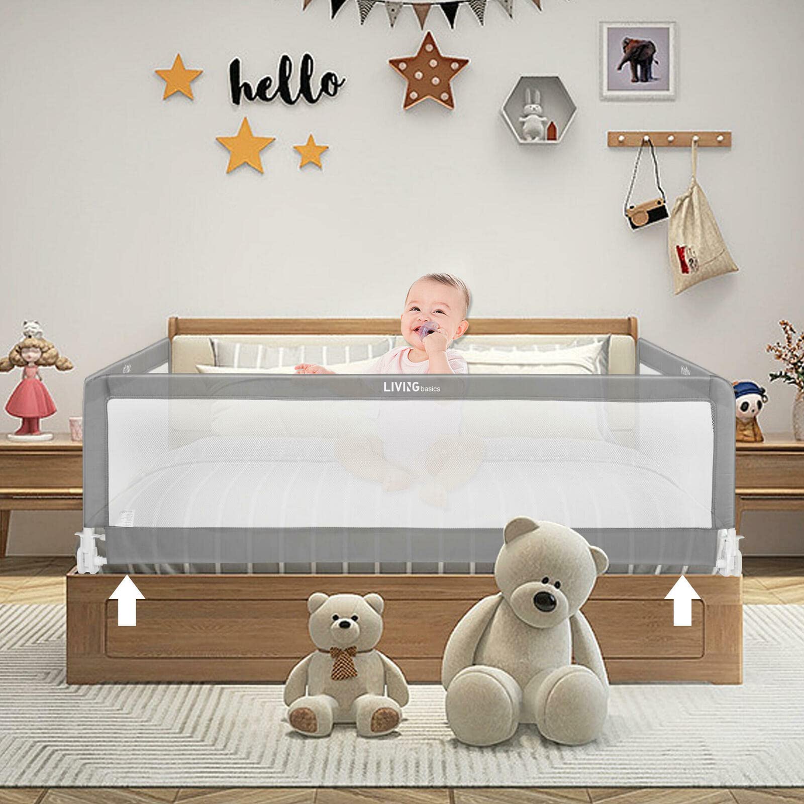 69'' Extra Long Baby Bed Rails - Swing Down Bed Bumper Guard for Twin, Full, Queen & King Mattresses (Grey) - Safe Toddler Bed Rail for Kids Room, Nursery & Travel - LIVINGbasics