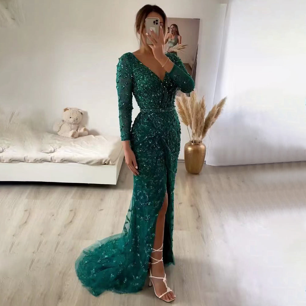 Elegant V-Neck Mermaid Evening Dress with Pearls & Beading - Long Sleeve Luxury Formal Gown for Women | Wedding, Party, Prom & Special Occasions