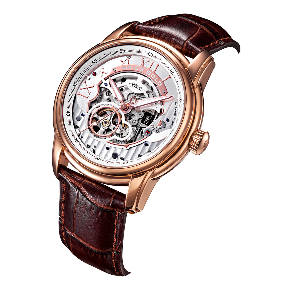 ARIES GOLD INFINUM EL TORO Rose Gold Men's Watch with Genuine Brown Leather Strap - Luxury Dress Watch for Business, Formal Occasions & Gifts