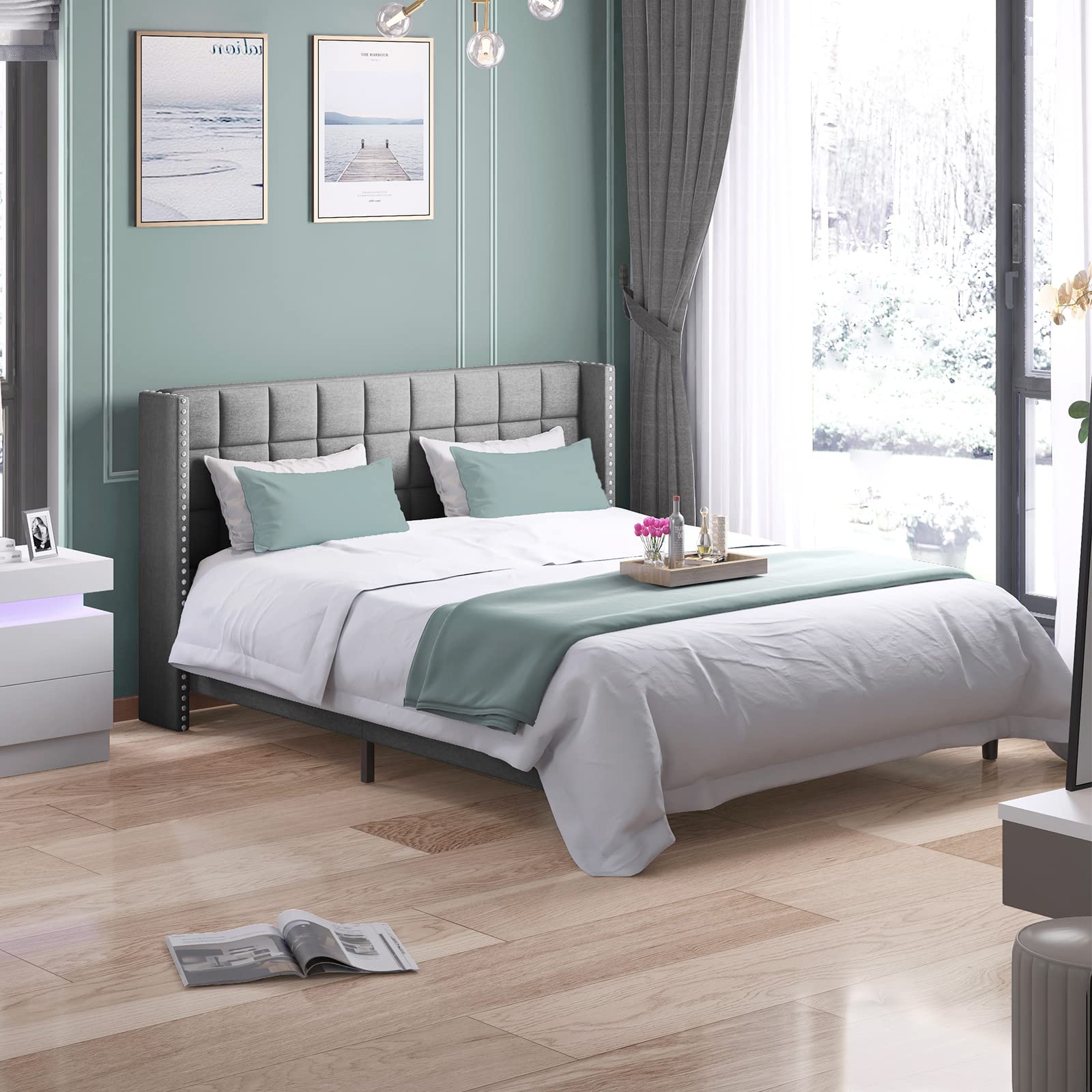 Full Size Muzz Platform Bed Frame with Upholstered Headboard - Low Profile Wooden Bed Frame for Modern Bedroom, Easy Assembly No Box Spring Required (Dark Grey) | Perfect for Small Spaces, Guest Rooms & Minimalist Home Decor