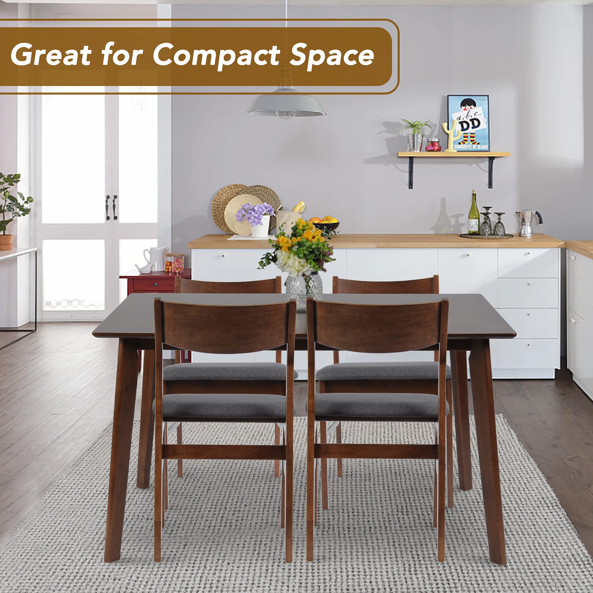 Mid Century Modern Dining Table Set for 4 - Walnut Wood Kitchen Table & Chairs for Small Spaces - Perfect for Breakfast Nook, Apartment Living Room, and Home Dining Areas