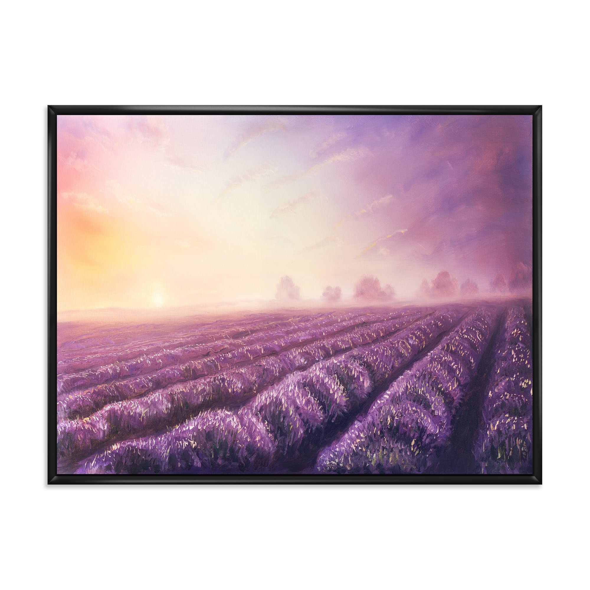 DesignQ Lavender Fields at Dawn - Modern Framed Canvas Wall Art Print for Living Room, Bedroom & Office Decor