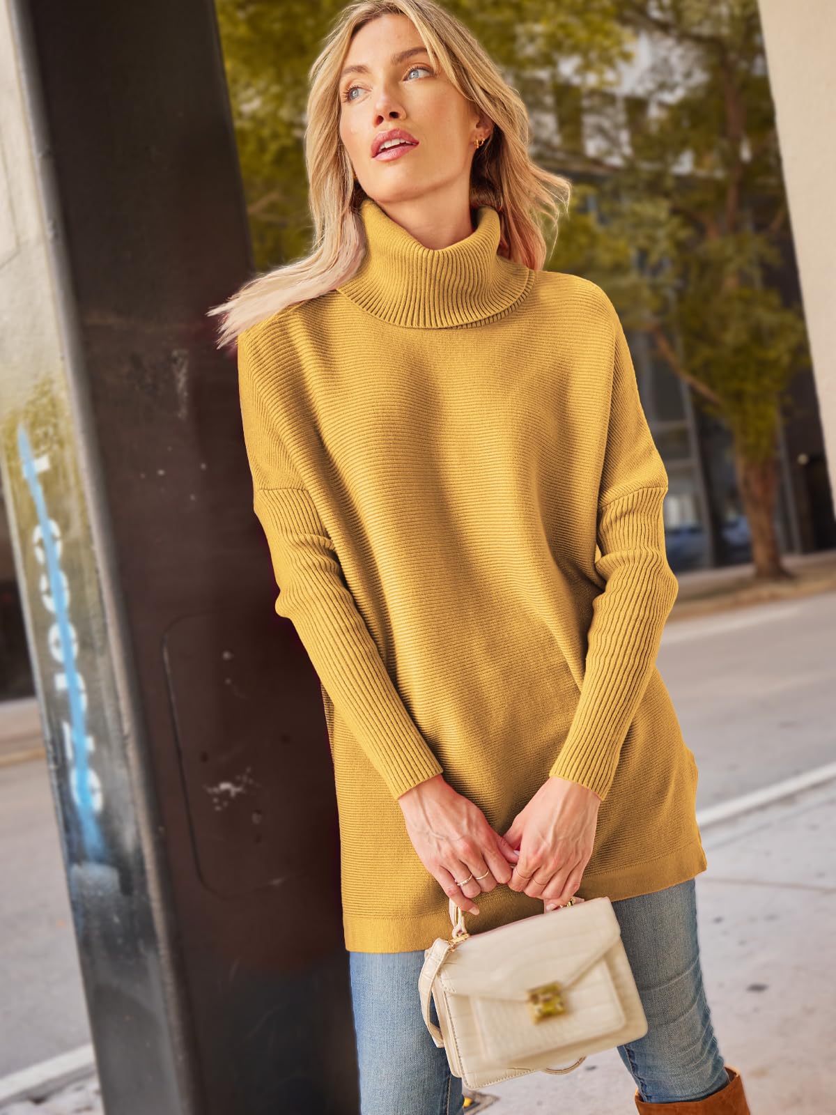 LILLUSORY Women's Oversized Turtleneck Sweater - Long Batwing Sleeve Split Hem Knit Pullover Top | Cozy Winter Fashion for Casual Outfits, Office Wear & Holiday Gatherings