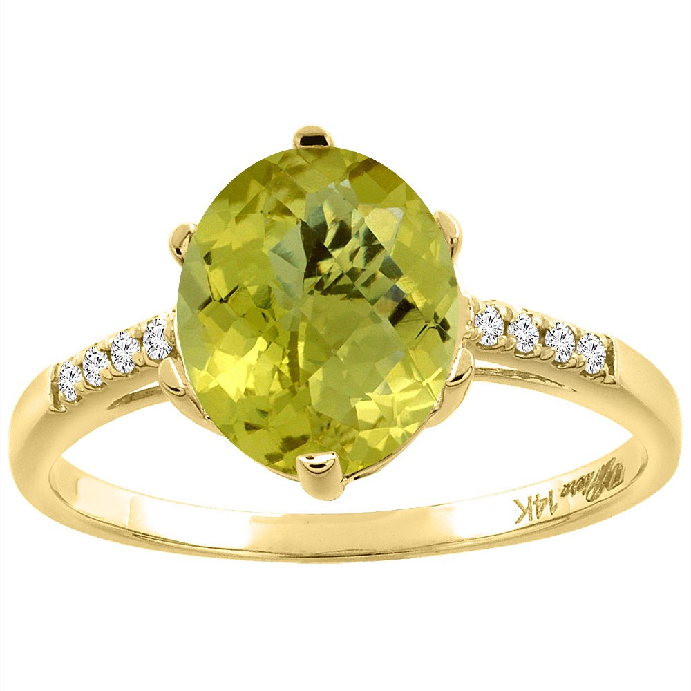 14K Yellow Gold Natural Lemon Quartz & Diamond Oval Ring 10x8mm - Size 5-10 - Elegant Wedding, Engagement & Anniversary Jewelry Gift