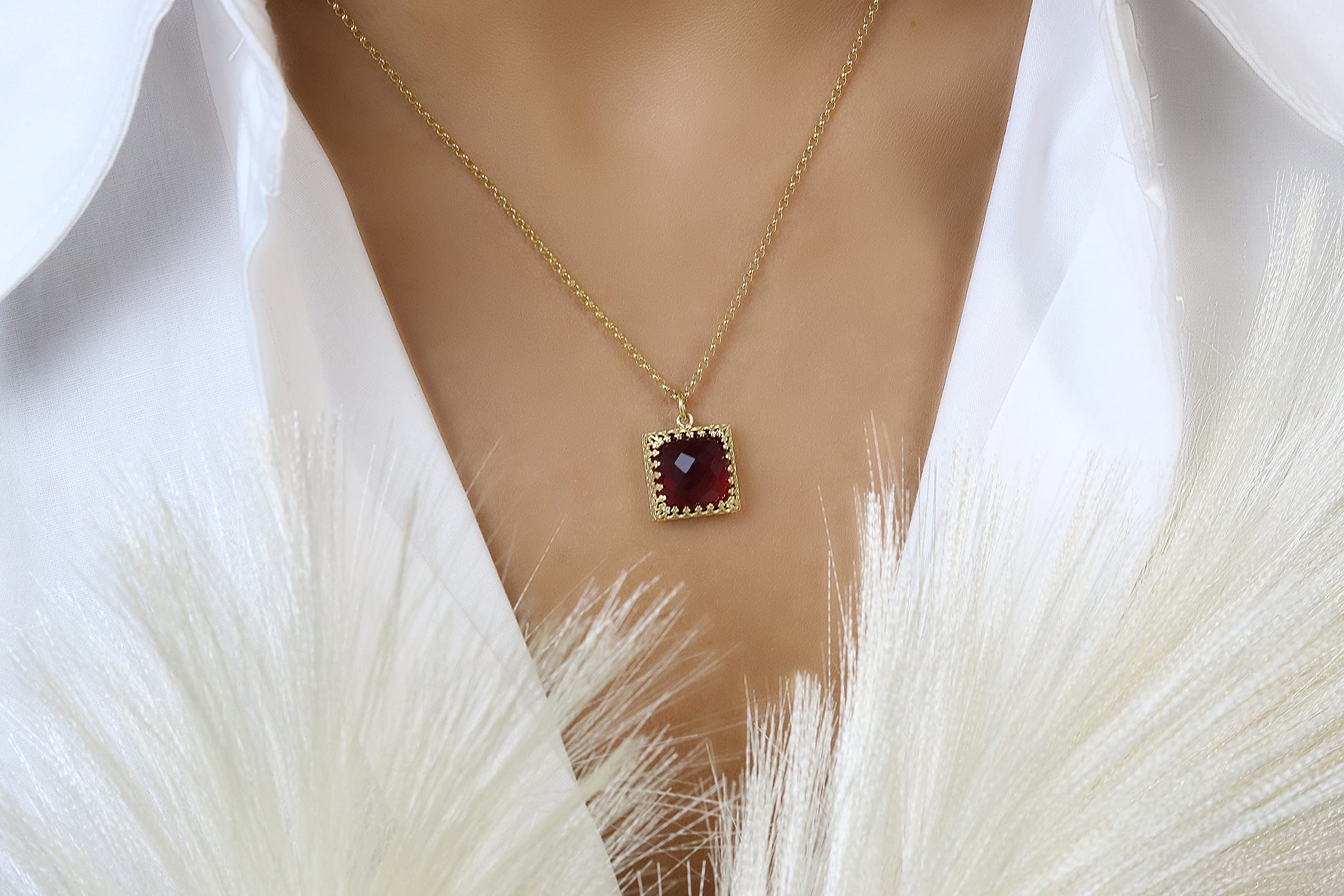 Radiant Garnet Gemstone Necklace - Elegant Square Cut Red Pendant Necklace for Women | January Birthstone Jewelry with Fine Engraving | Fashionable Statement Necklace for Date Night, Office Wear & Special Occasions
