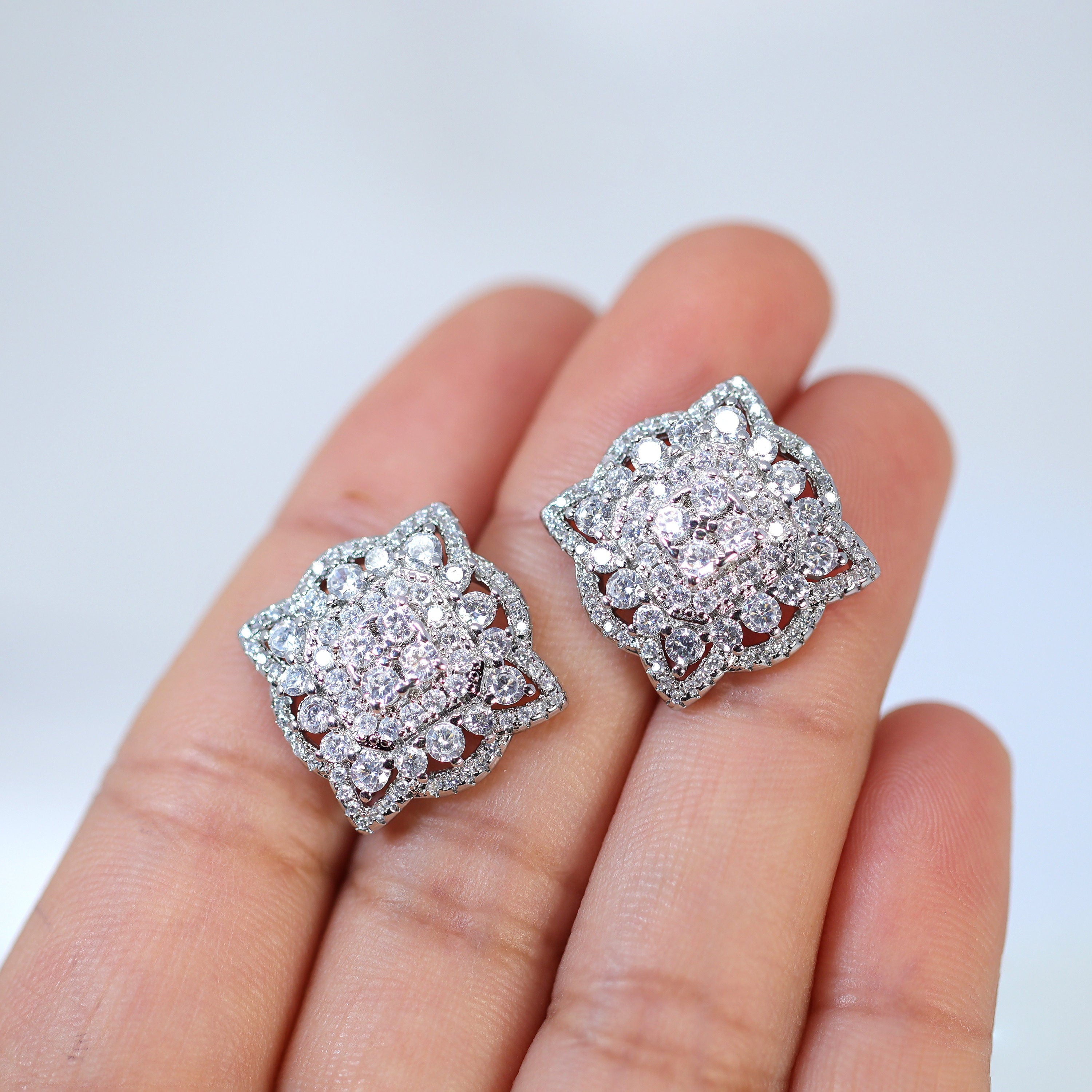 Floral Square Mandala CZ Diamond Stud Earrings for Women - Sparkling Crystal Bridal Jewelry, Wedding Party Statement Earrings - Perfect for Bridal Showers, Engagements & Special Occasions