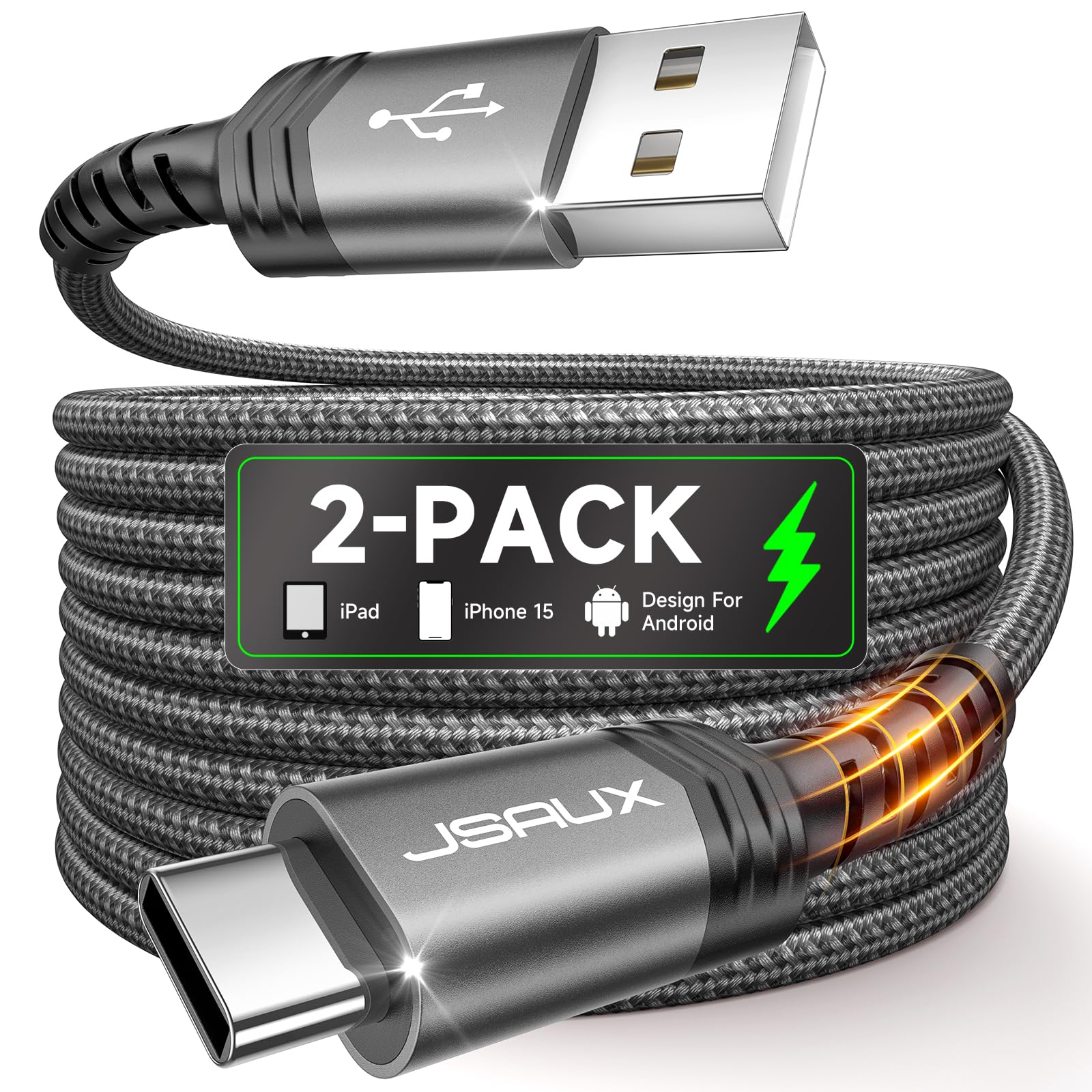 JSAUX USB C to USB A Cable 2-Pack 3.3ft, 3.1A Fast Charging Cable Compatible with iPhone 16/16 Plus/16 Pro/16 Pro Max/15 Series, Samsung Galaxy S20/S10/S9, Note 20/10, CarPlay - Gray | for Home, Office & Car Charging
