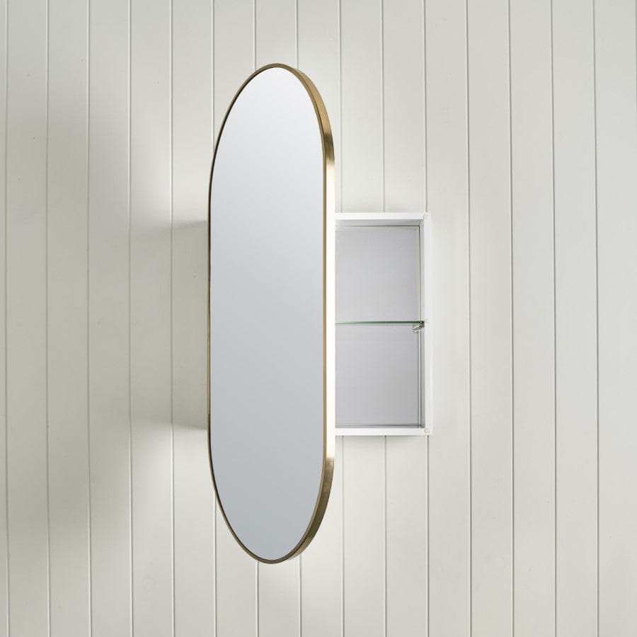 Brushed Brass Oval Mirror Cabinet - Elegant Bathroom Vanity with Storage for Makeup & Organizing | Perfect for Modern Home Decor