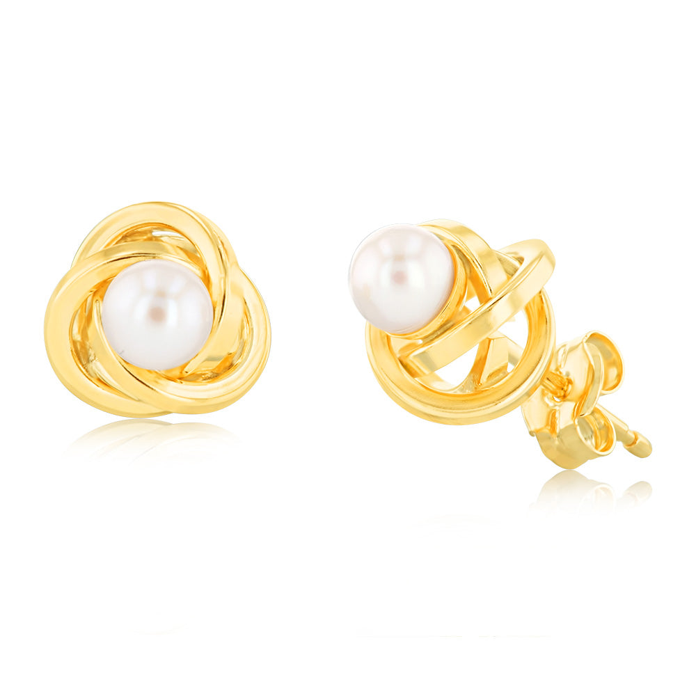9ct Yellow Gold 4mm Freshwater Pearl Knot Stud Earrings - Elegant Pearl Jewelry for Women, Perfect for Weddings, Parties & Everyday Wear