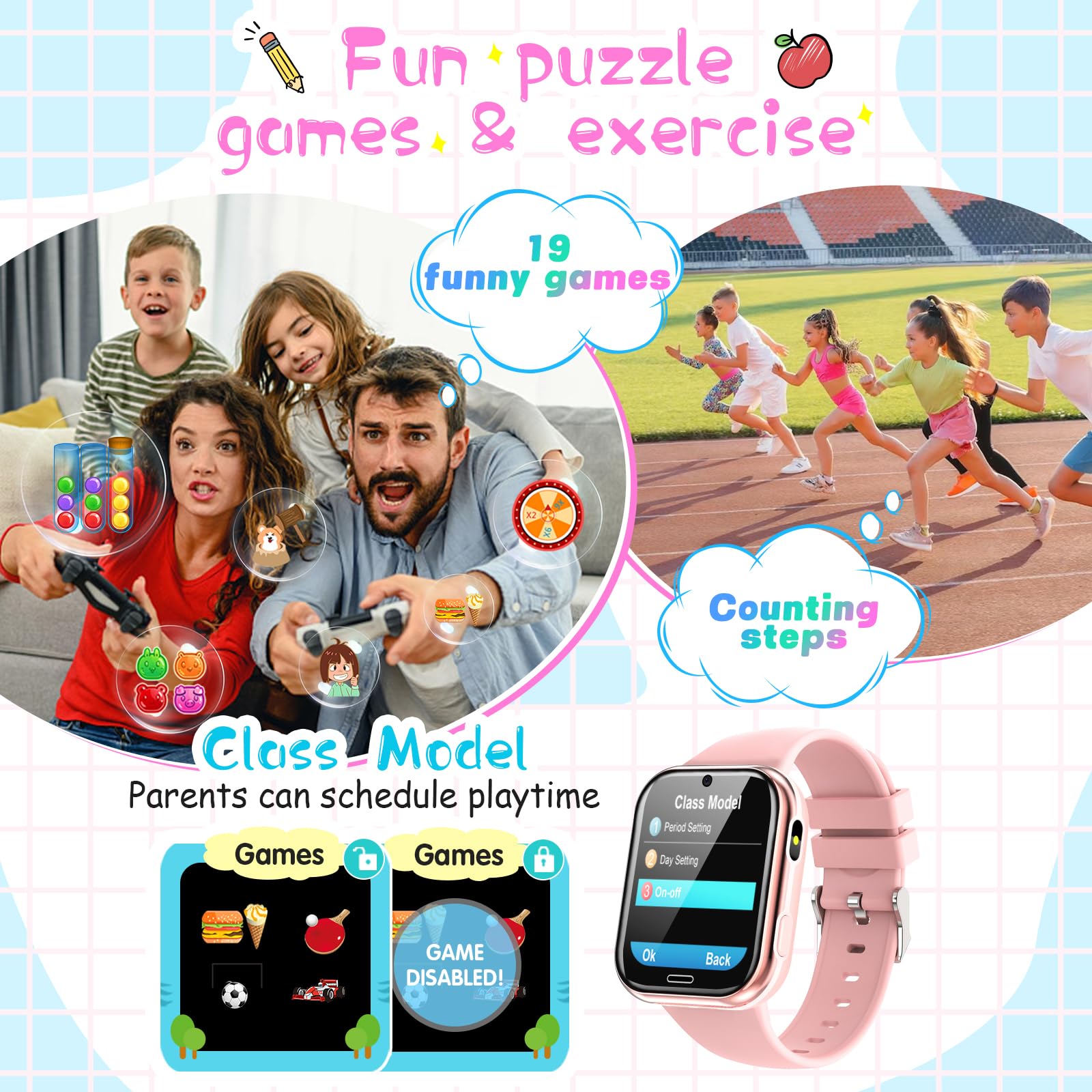**Kids Smart Watch with 19 Games, Touch Screen, Camera & Music - Fitness Tracker, Alarm, Calculator & Learning Cards for Boys & Girls Ages 4-12 (Pink) - Perfect for Playtime, Learning & Outdoor Activities**
