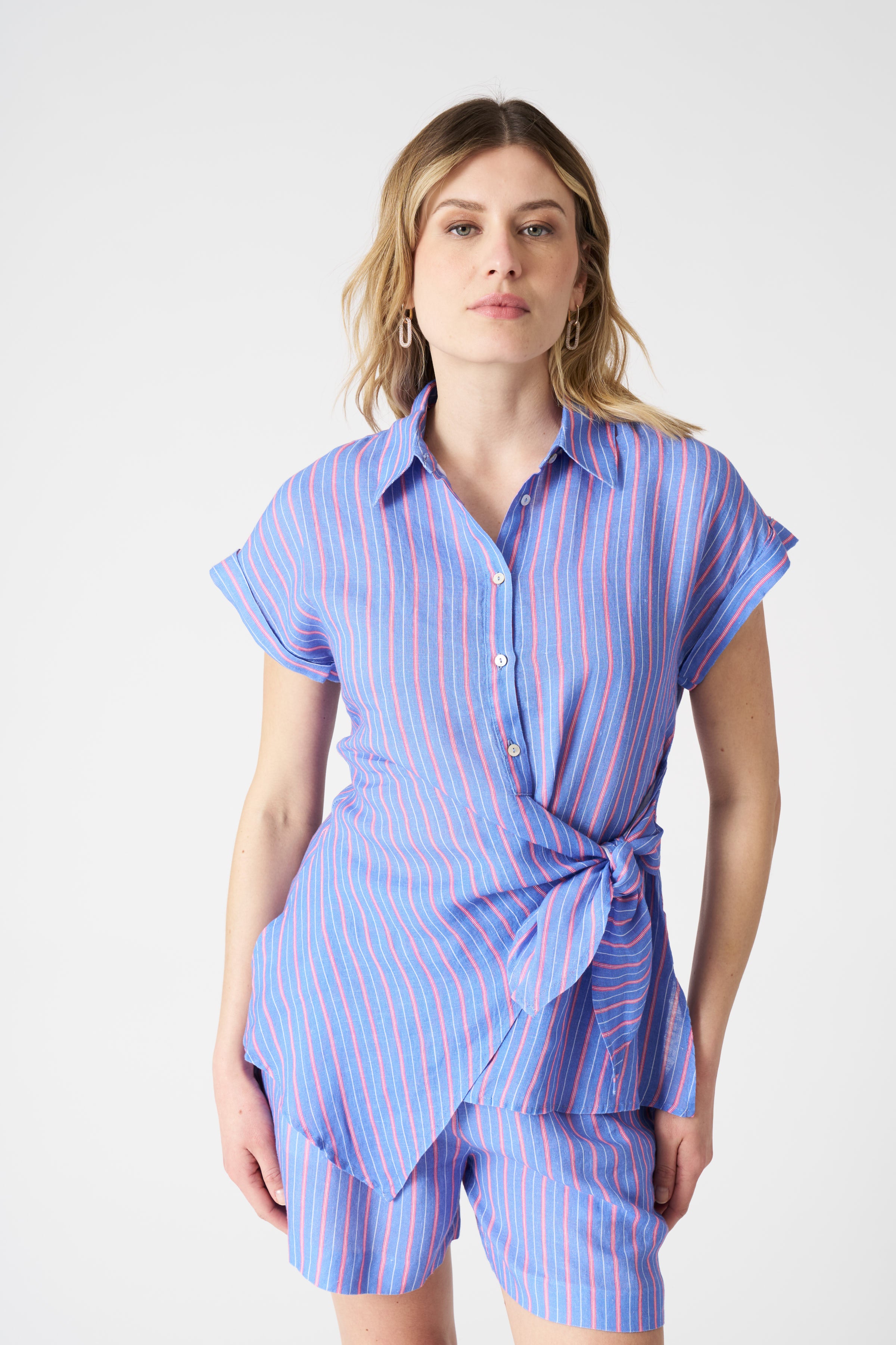 Stylish Striped Shirt with Draped Knot Detail - Trendy Women's Casual Top for Office Wear & Weekend Outings