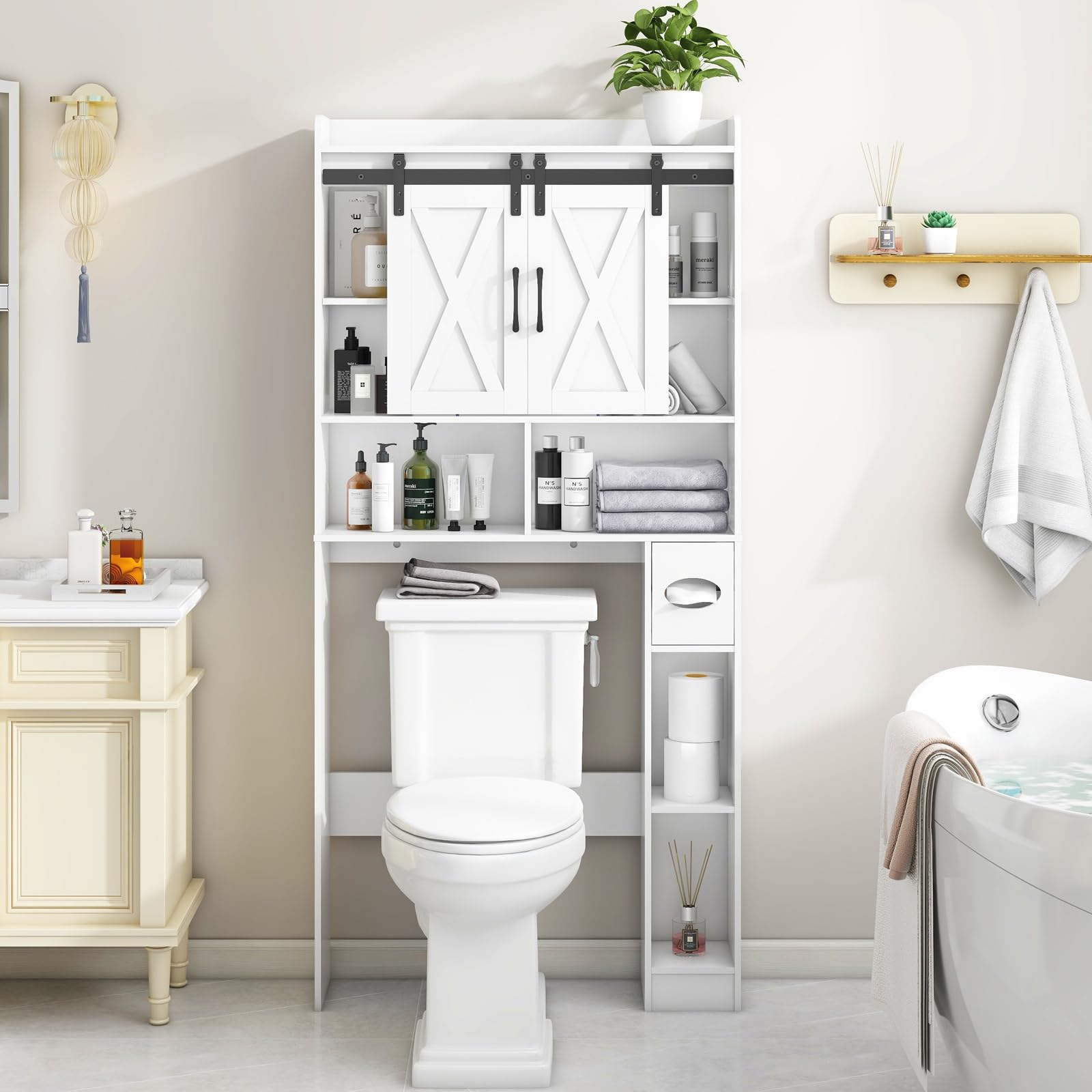 Farmhouse Over The Toilet Storage Cabinet with Sliding Doors - Space-Saving Bathroom Organizer for Toiletries, Towels & Laundry - Perfect for Small Bathrooms, Restrooms & Apartment Living