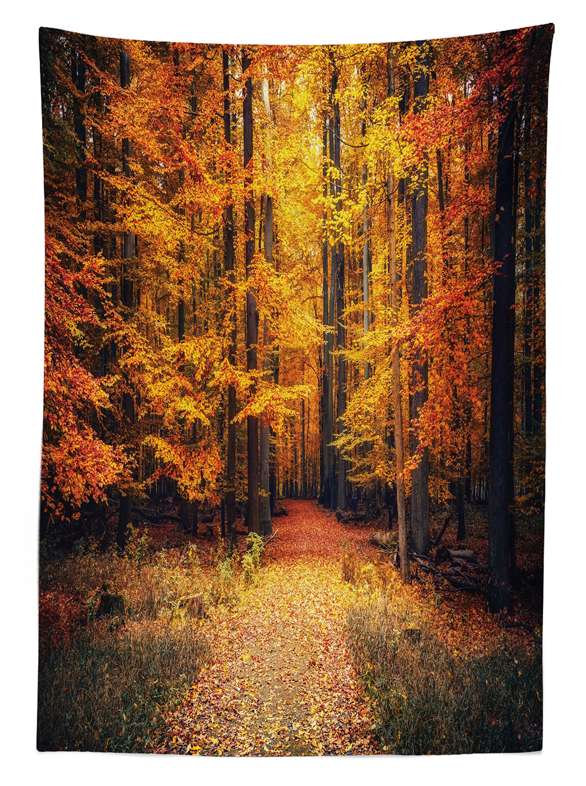 Ambesonne Waterproof Outdoor Tablecloth - Fall Forest National Park Theme with Vivid Leaves, Eco-Friendly Washable Picnic Table Cover 58