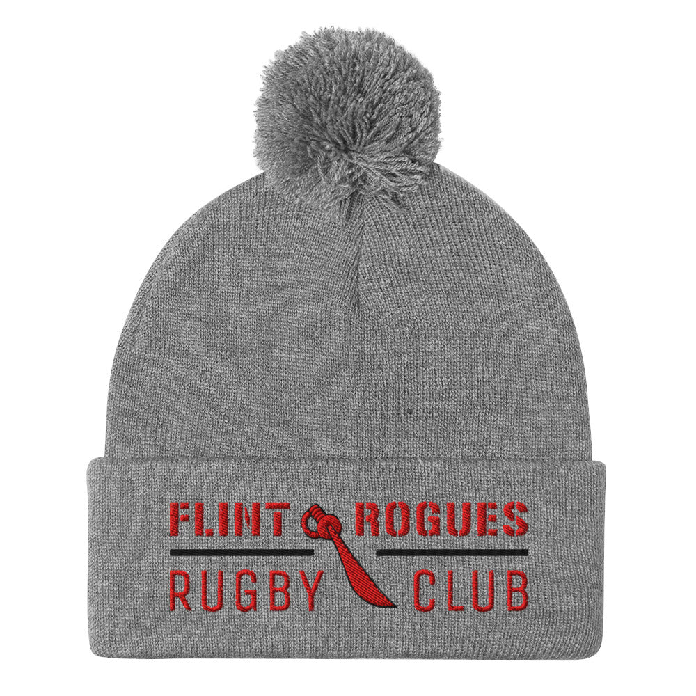 Flint Rogues RFC Pom Beanie - Winter Knit Hat for Men & Women - Soft Warm Skull Cap with Faux Fur Pom - Perfect for Snowboarding, Skiing, and Outdoor Activities