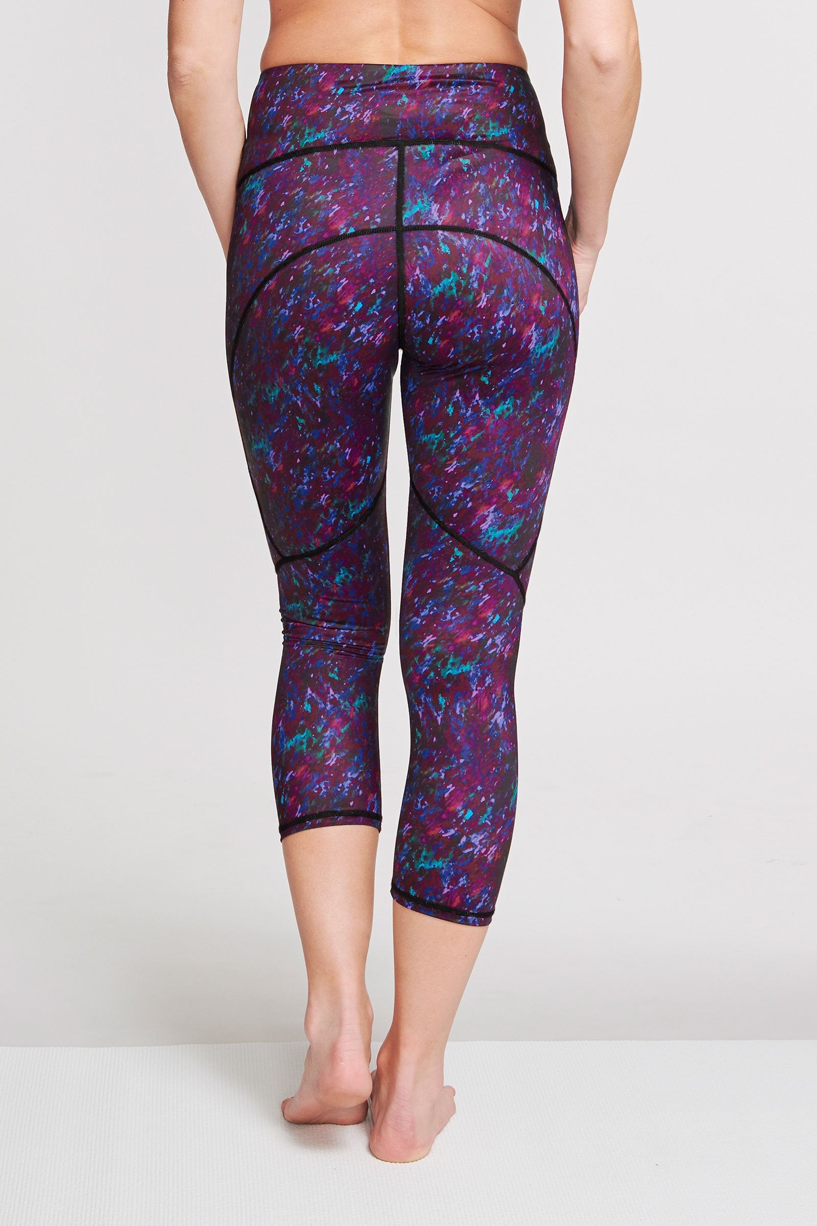 High Waisted Slimming Capri Leggings for Women - Moving Waters Berry Print - Tummy Control Workout Yoga Pants for Running, Gym & Lounge Wear