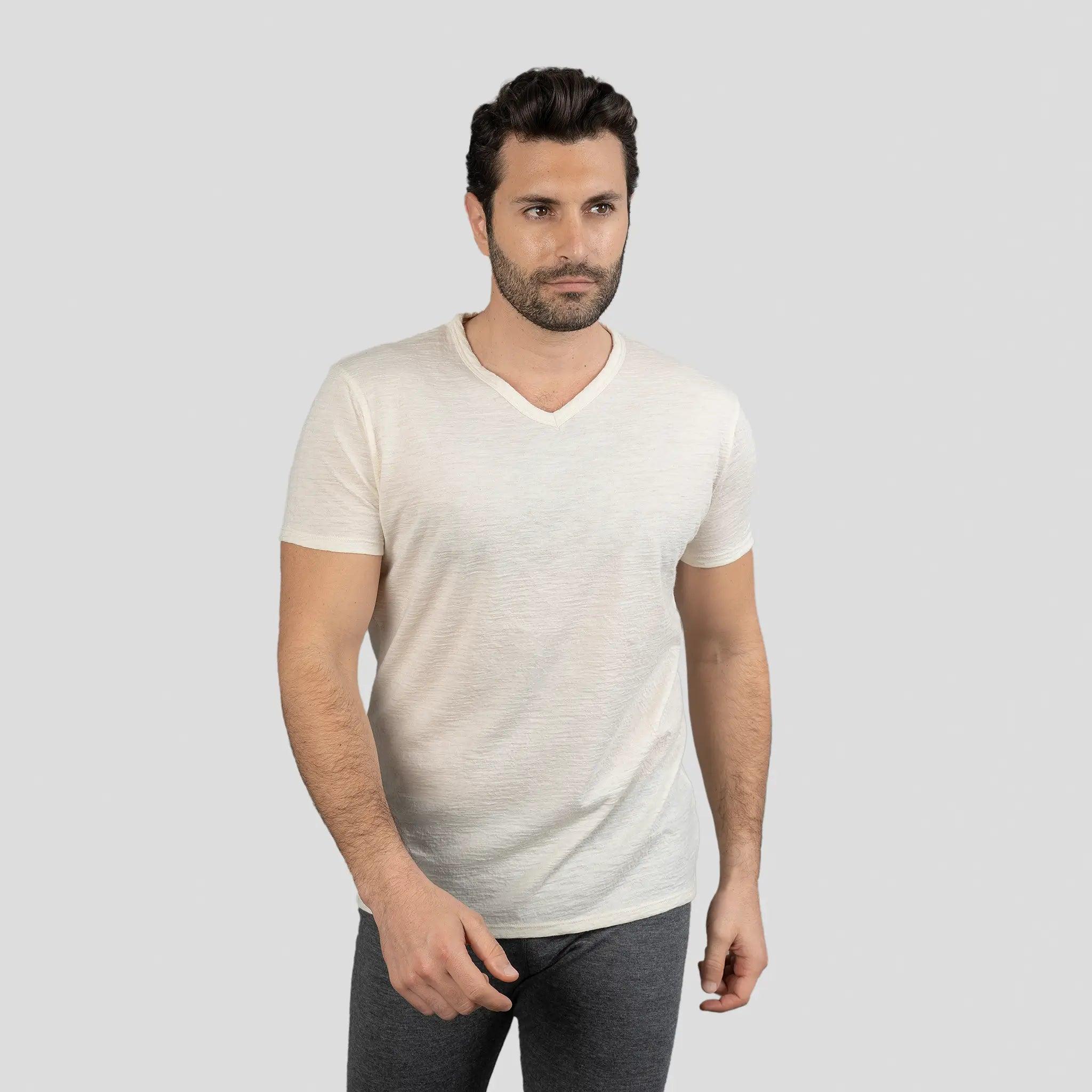 Ultralight Men's Alpaca Wool V-Neck T-Shirt - 160 GSM Soft Breathable Tee for Outdoor Hiking & Casual Wear