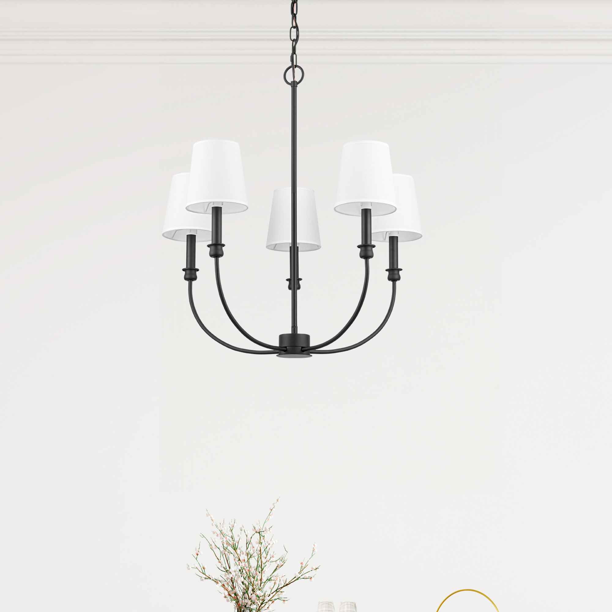 5-Light Modern Billet Chandelier with Fabric Shades - Matte Black Finish for Dining Room, Living Room & Bedroom Lighting
