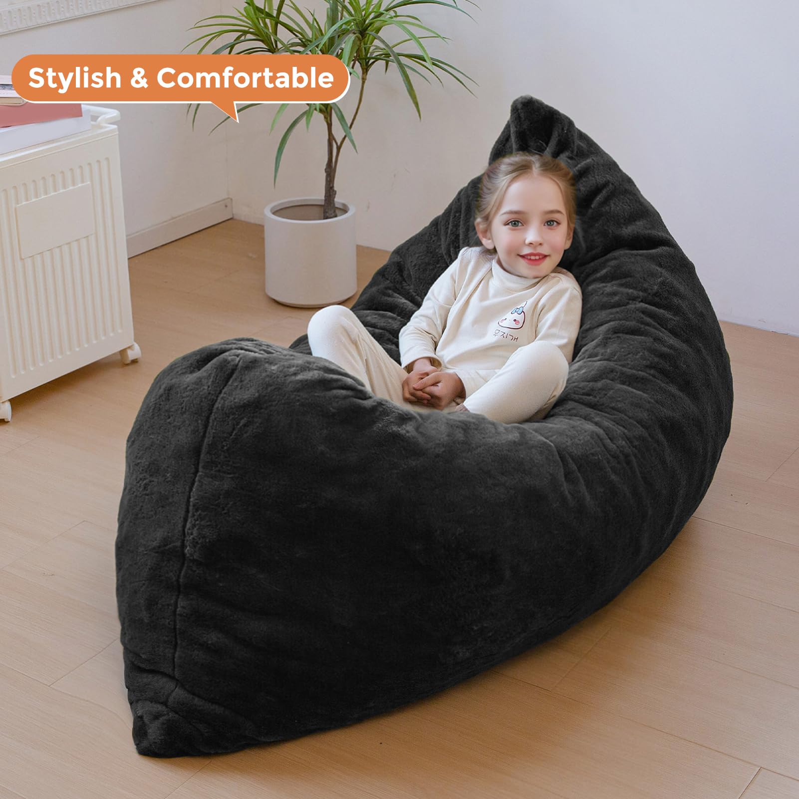 MAXYOYO 3-in-1 Kids Bean Bag Chair Bed - Convertible Faux Fur Floor Sofa for Children's Room, Gaming & Reading - Soft & Comfortable (Black) | Perfect for Playrooms, Bedrooms & Cozy Reading Nooks