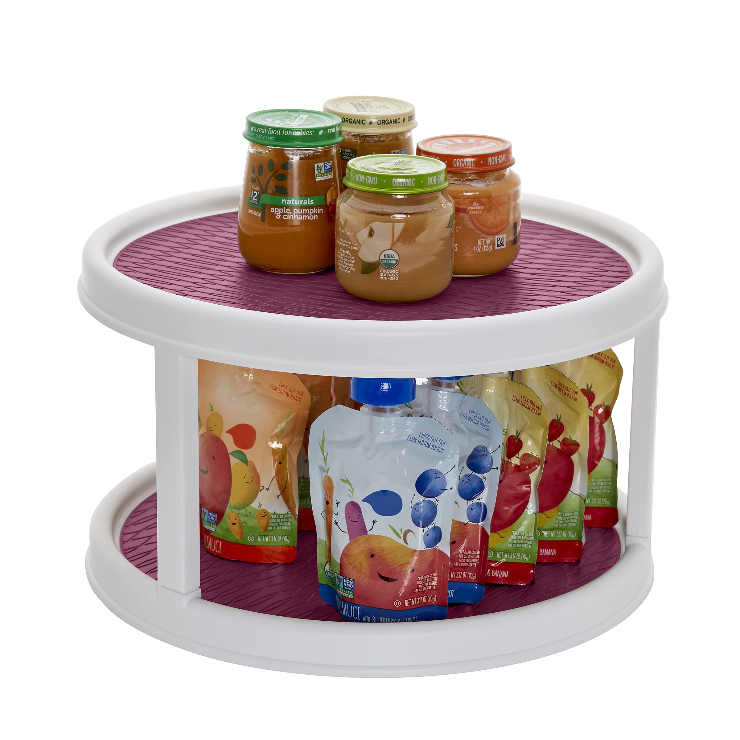 Copco 12-Inch Non-Skid 2-Tier Lazy Susan Turntable for Pantry Cabinet - White & Purple Spice Organizer | Perfect for Kitchen Storage, Spice Racks, and Cabinet Organization