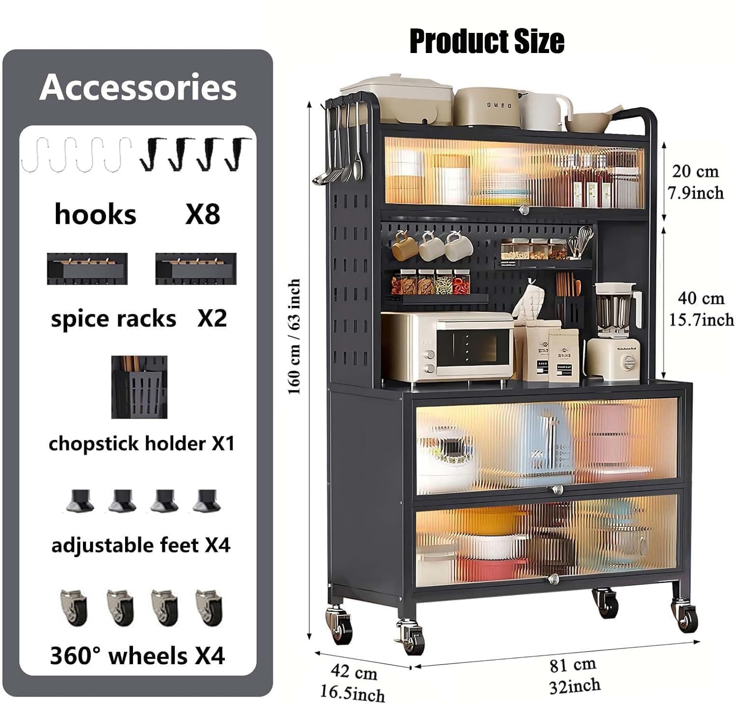 5-Tier Bakers Rack with Flip Door - Kitchen Storage Cabinet & Microwave Stand for Home, Office, Pantry - Space Saving Organizer for Small Kitchens, Dining Rooms & Garages (Black)