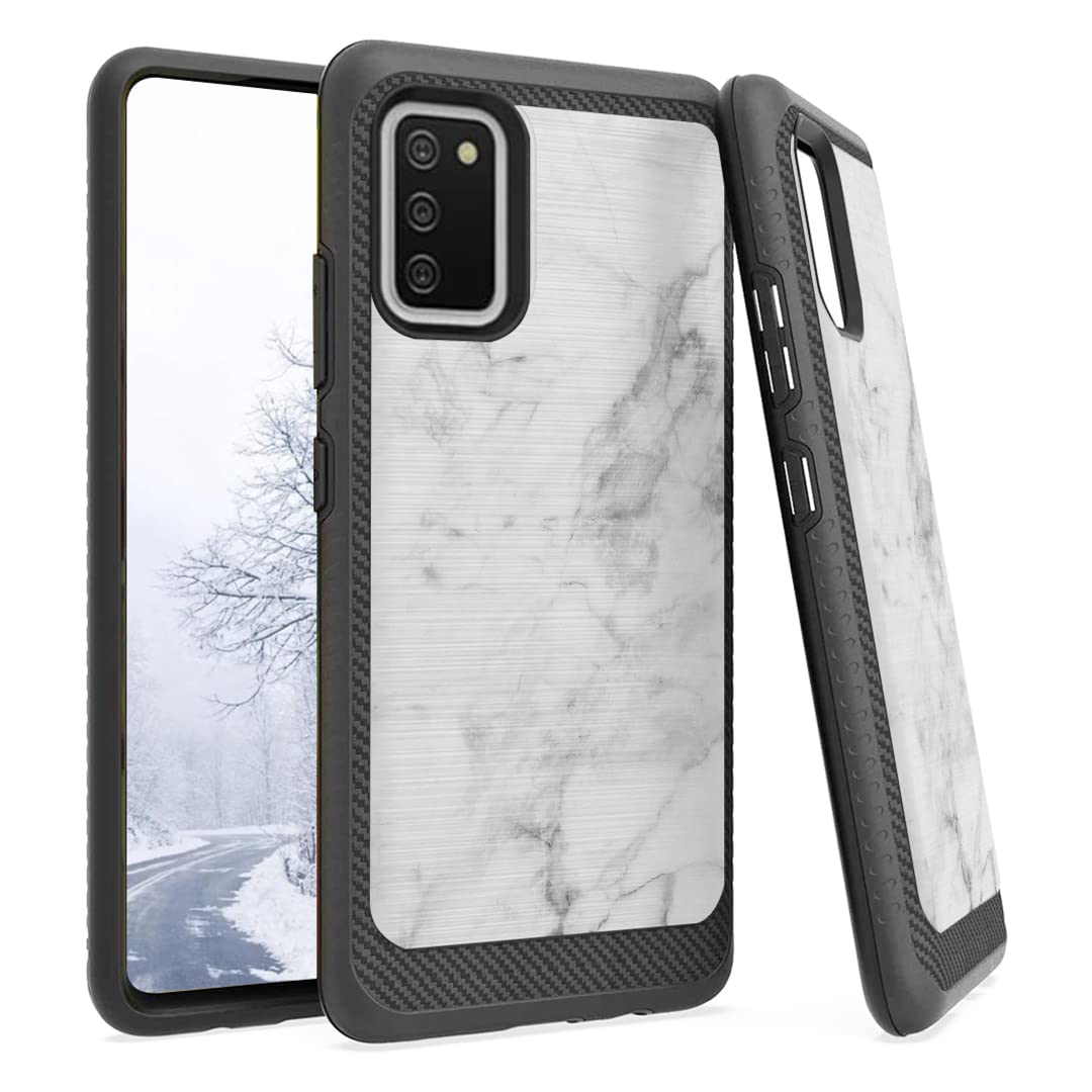 Heavy Duty Galaxy A02s Case - Carbon Edge Hybrid Cover for Men & Women | Durable Protection for Samsung SM-A025F (White Marble) - Perfect for Work & Outdoor