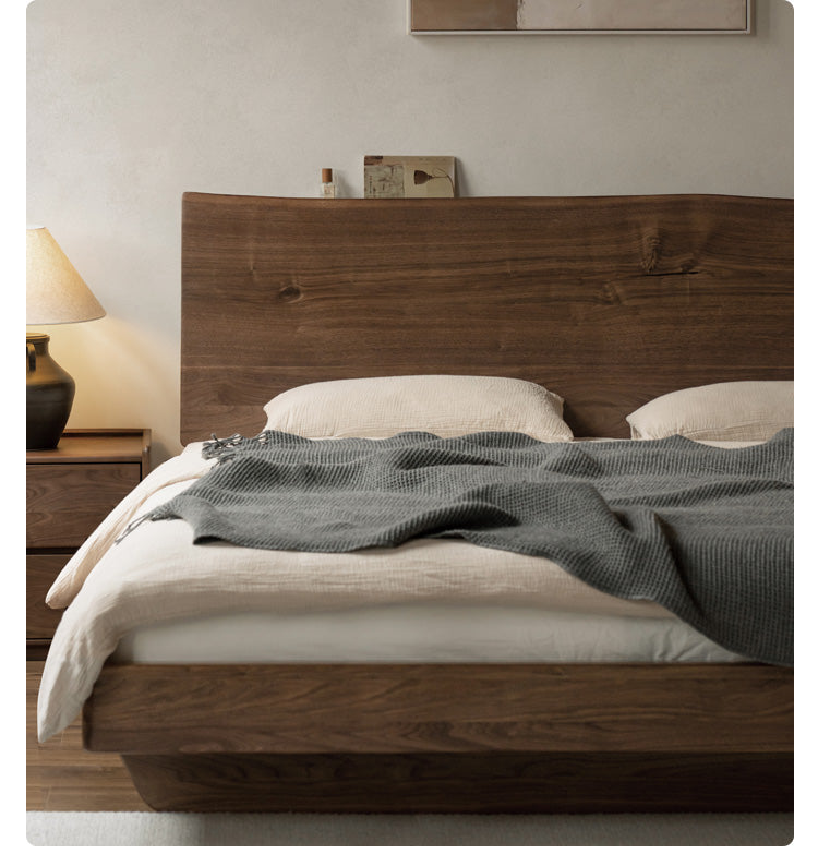 Black Walnut Solid Wood Bed Frame - Wabi Sabi Style Minimalist Bedroom Furniture for Zen & Japandi Home Decor