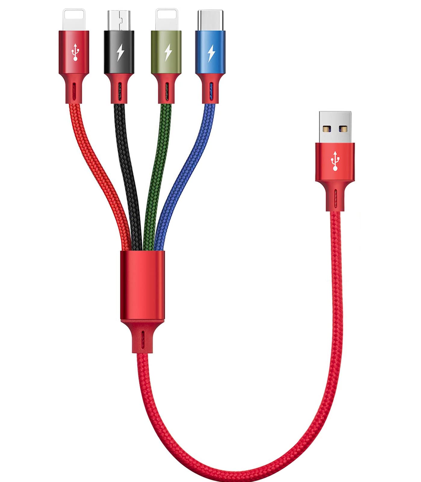 3.5A Fast Charging Cable [35CM] - 4-in-1 Multi Charger with Micro USB/Type C/Lightning - Nylon Braided for iPhone 16/15/14/13/12/11/Xs/X & Android Galaxy/Huawei/Nokia/Sony - Perfect for Home, Office & Travel Charging