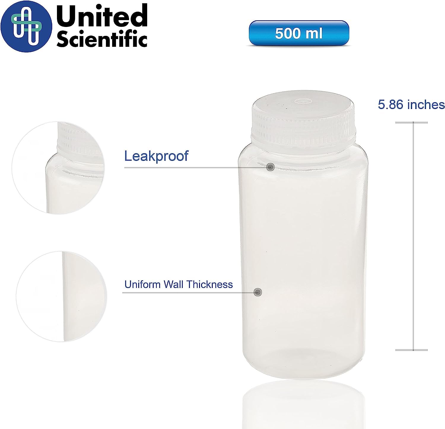 United Scientific® Unistore™ 16oz (500ml) Wide Mouth Reagent Bottles with Lids - Laboratory Grade Polypropylene Sample Containers - Case of 144 - Ideal for Chemical Storage, Lab Experiments & Scientific Research